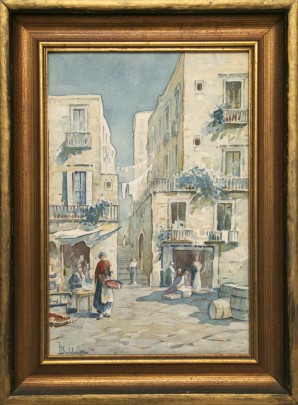 Vintage Italian Watercolor on Paper "Street Scene"