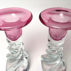 Pair of Baccarat Style Pink & Clear Glass Swirl Candlesticks