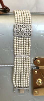 Delicate 3mm 7-Strand Seed Pearl and Diamond Bracelet, set with 85 small diamonds, 18k white gold clasp.