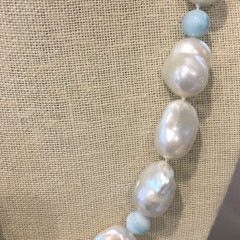 13mm – 15mm White Fresh Water Baroque Pearls and Larimar Bead Necklace