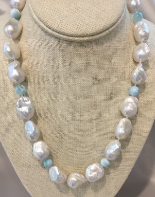 13mm – 15mm White Fresh Water Baroque Pearls and Larimar Bead Necklace