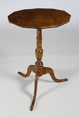 19th Century Burlwood Dodecagon Top Tripod Candlestand Ending in Snake Feet
