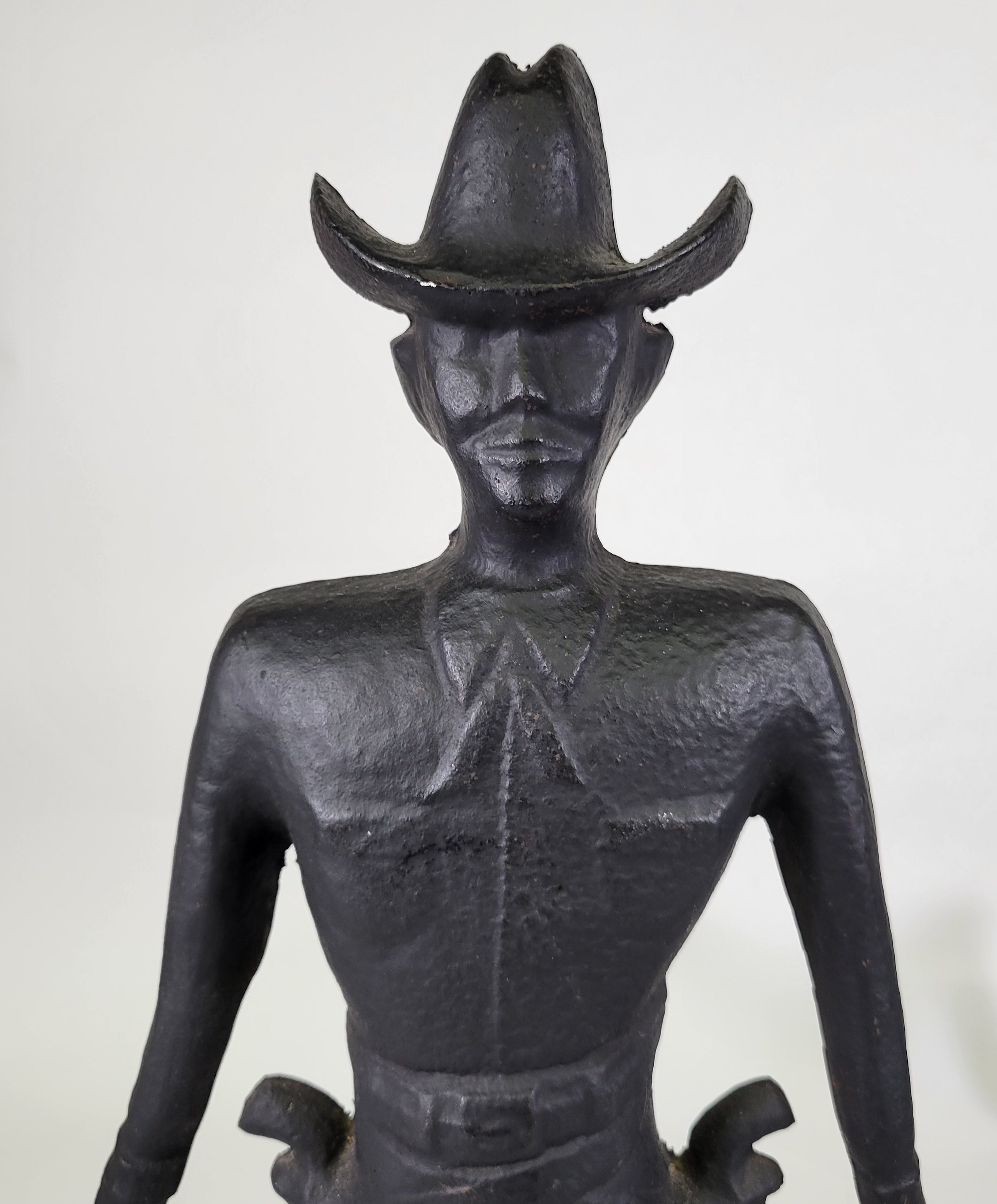 Rare Antique Cast Iron Figural Cowboy Gunfighter Andirons
