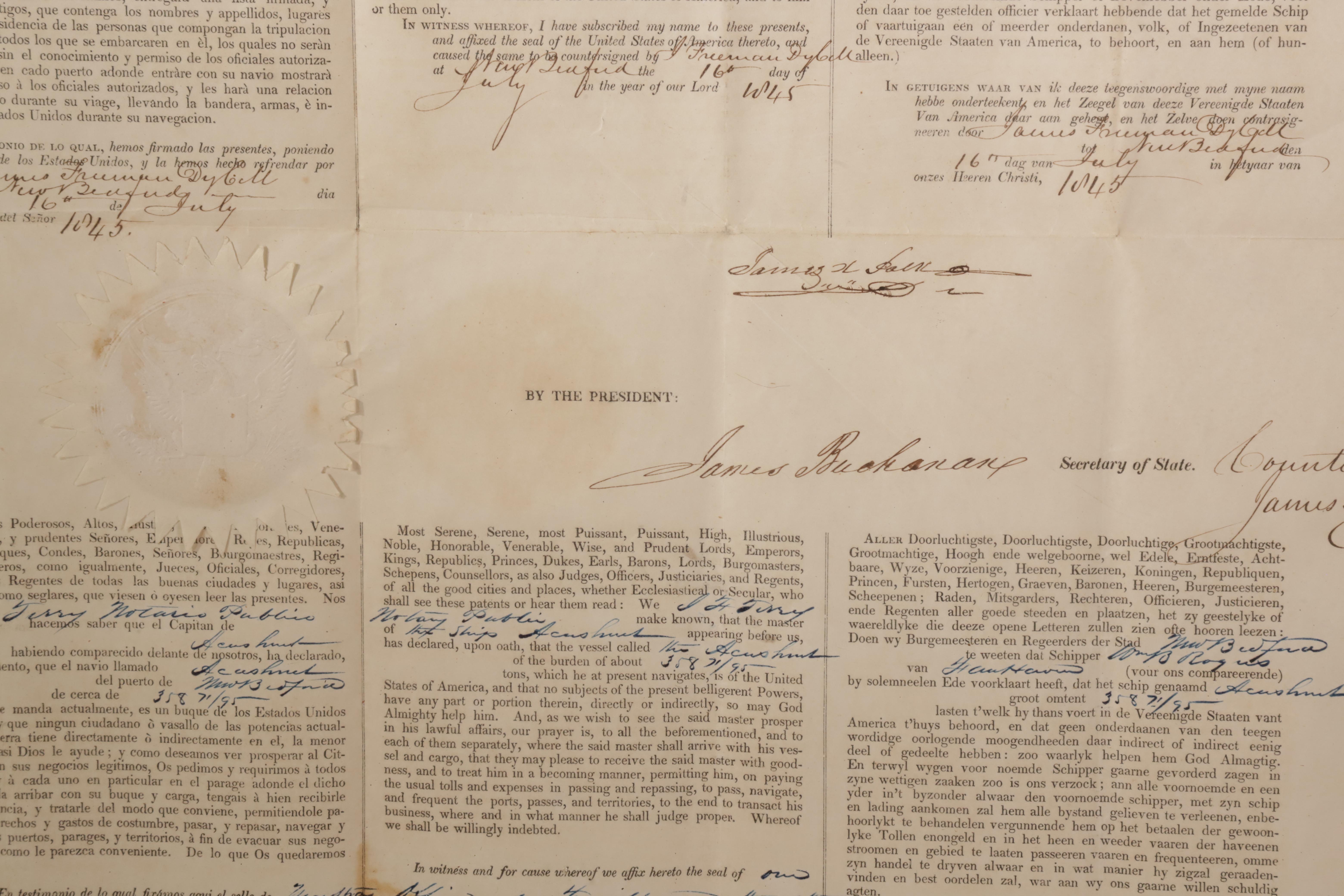 President Buchanan Signed Whaling Documents, circa 1854