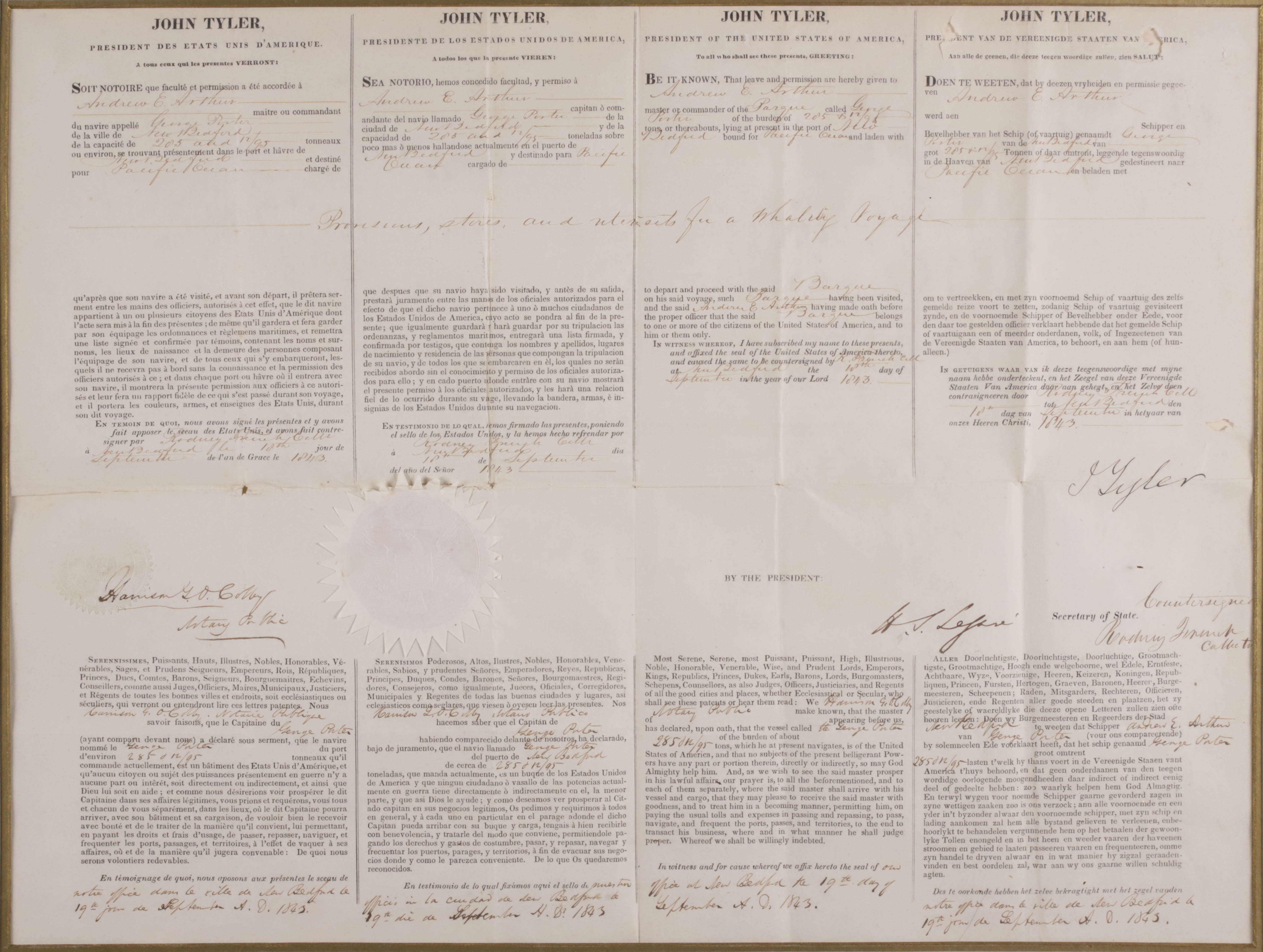 President Tyler Signed Whaling Documents, 19th Century