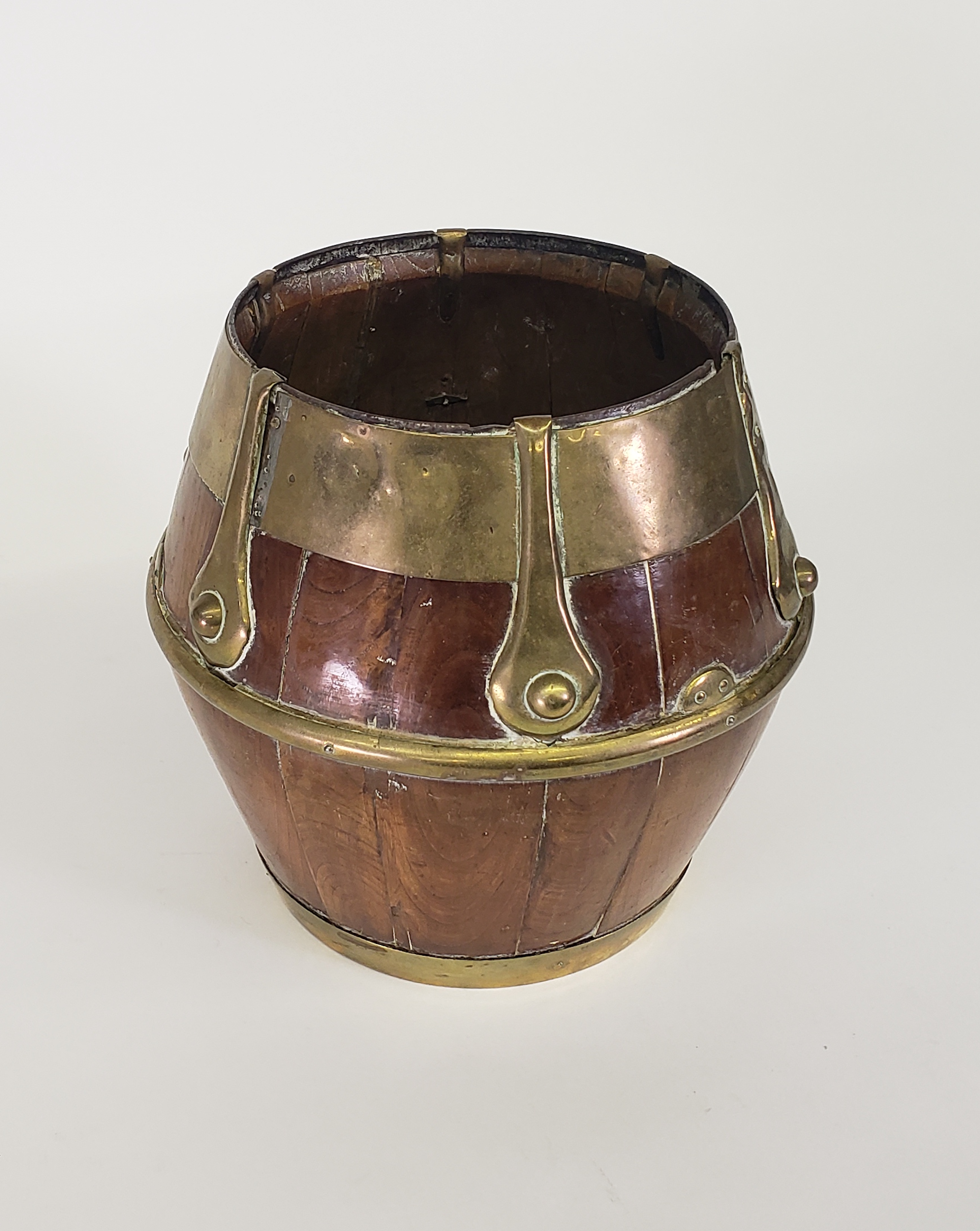 Antique English Oak Brass Bound Barrel Stave Bucket, 19th century