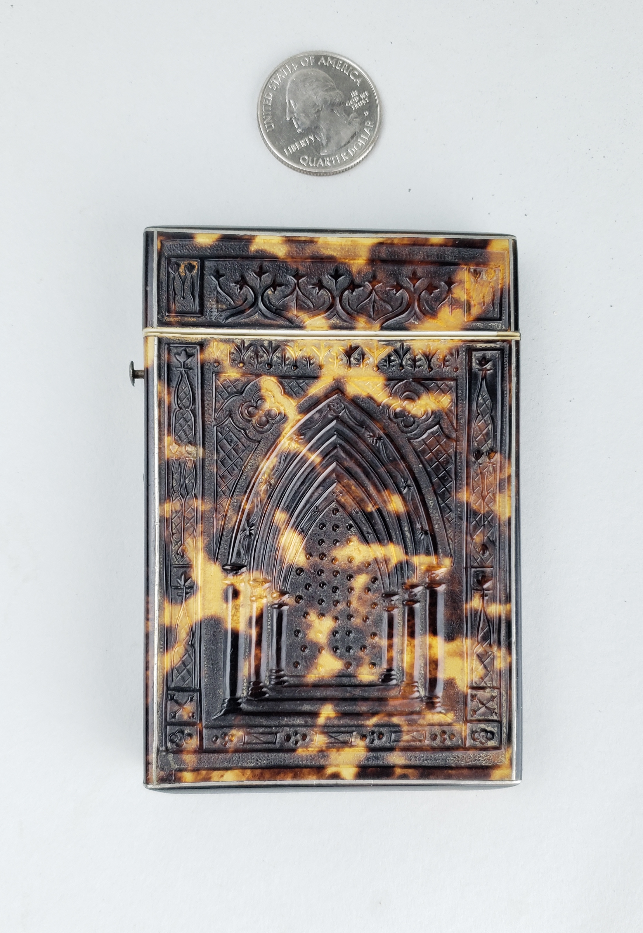 British Regency Carved Antique Tortoiseshell Card Holder Case, 19th Century
