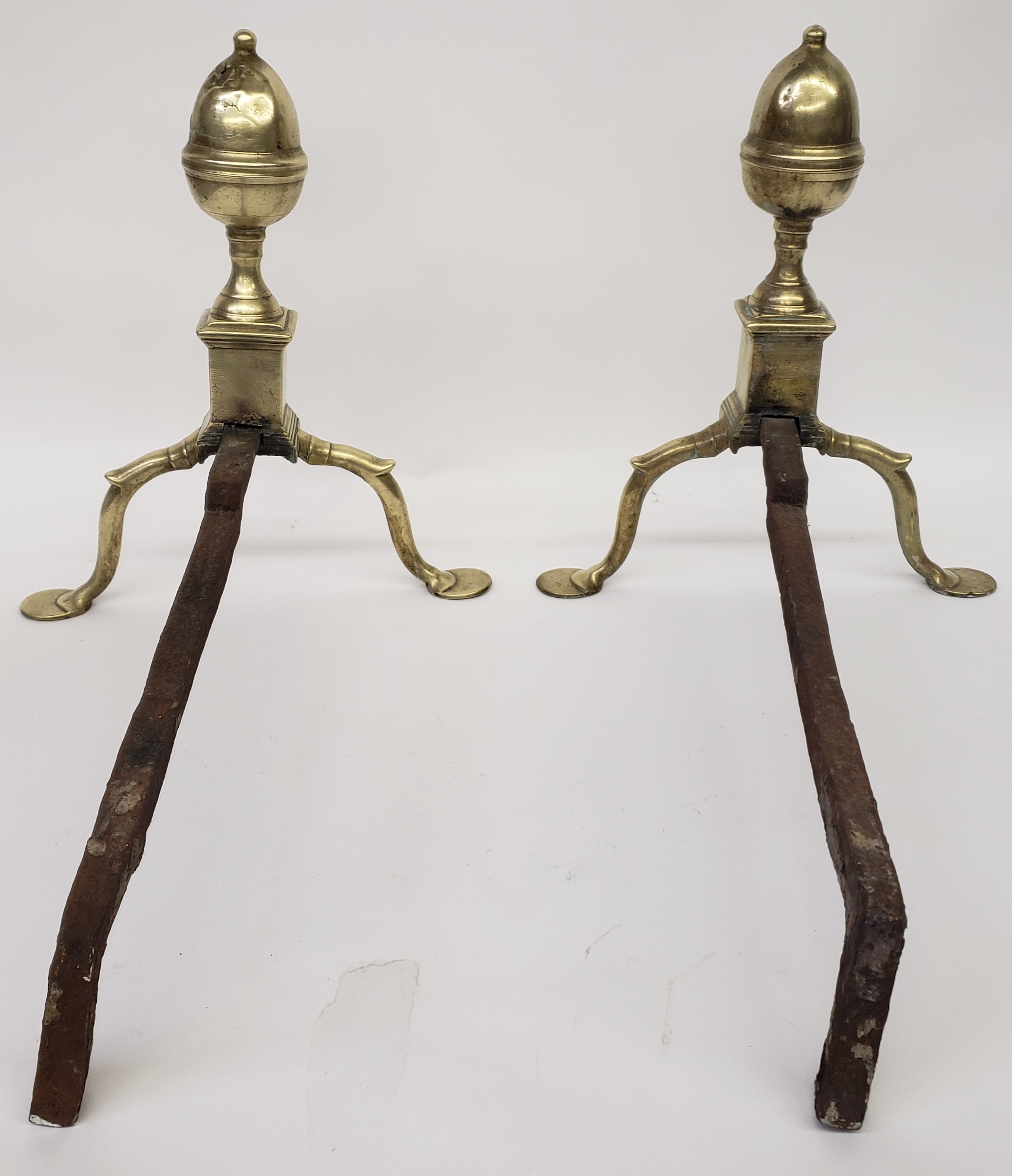 Pair of Antique Brass Philadelphia Acorn and Finial Andirons, circa 1800