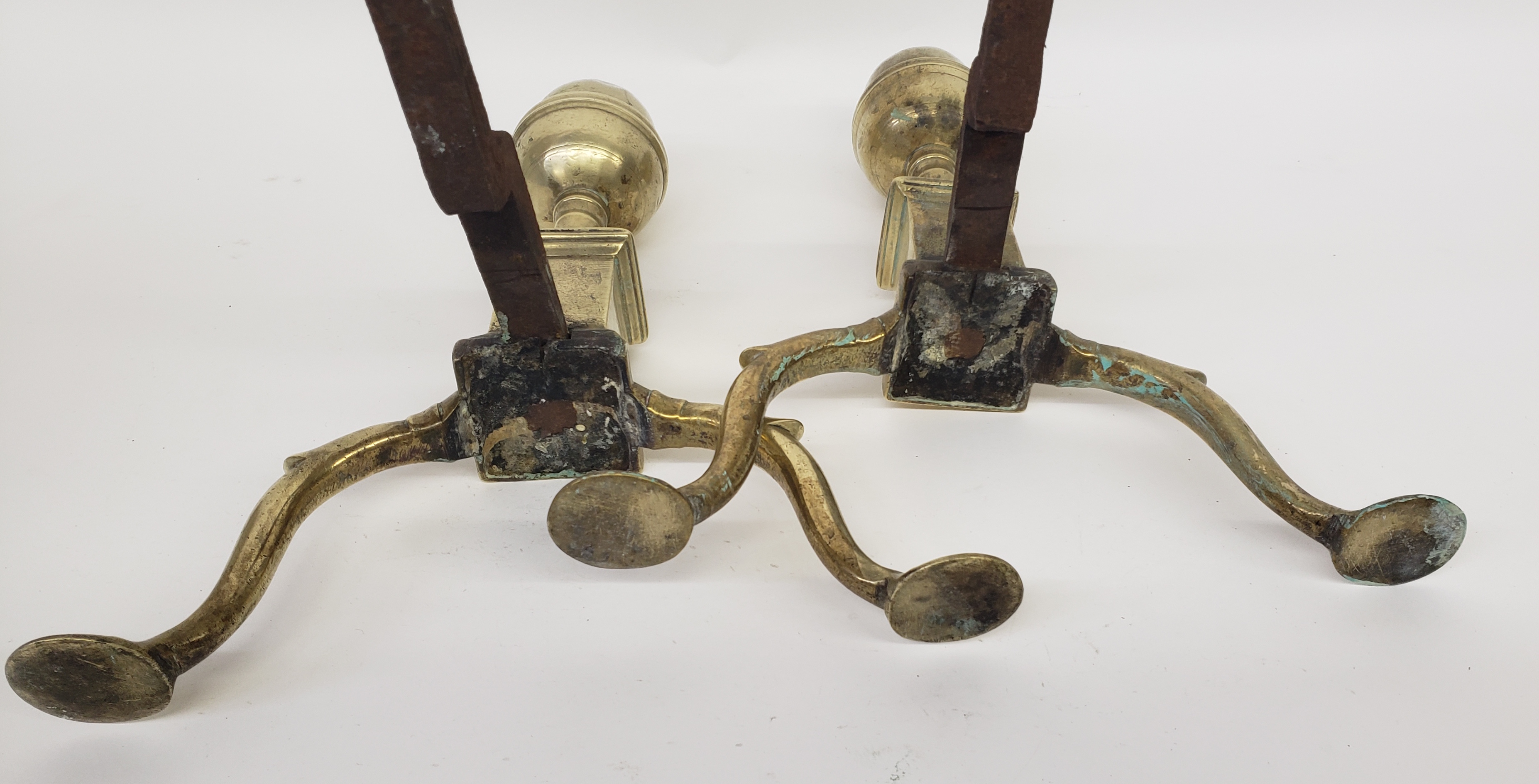 Pair of Antique Brass Philadelphia Acorn and Finial Andirons, circa 1800
