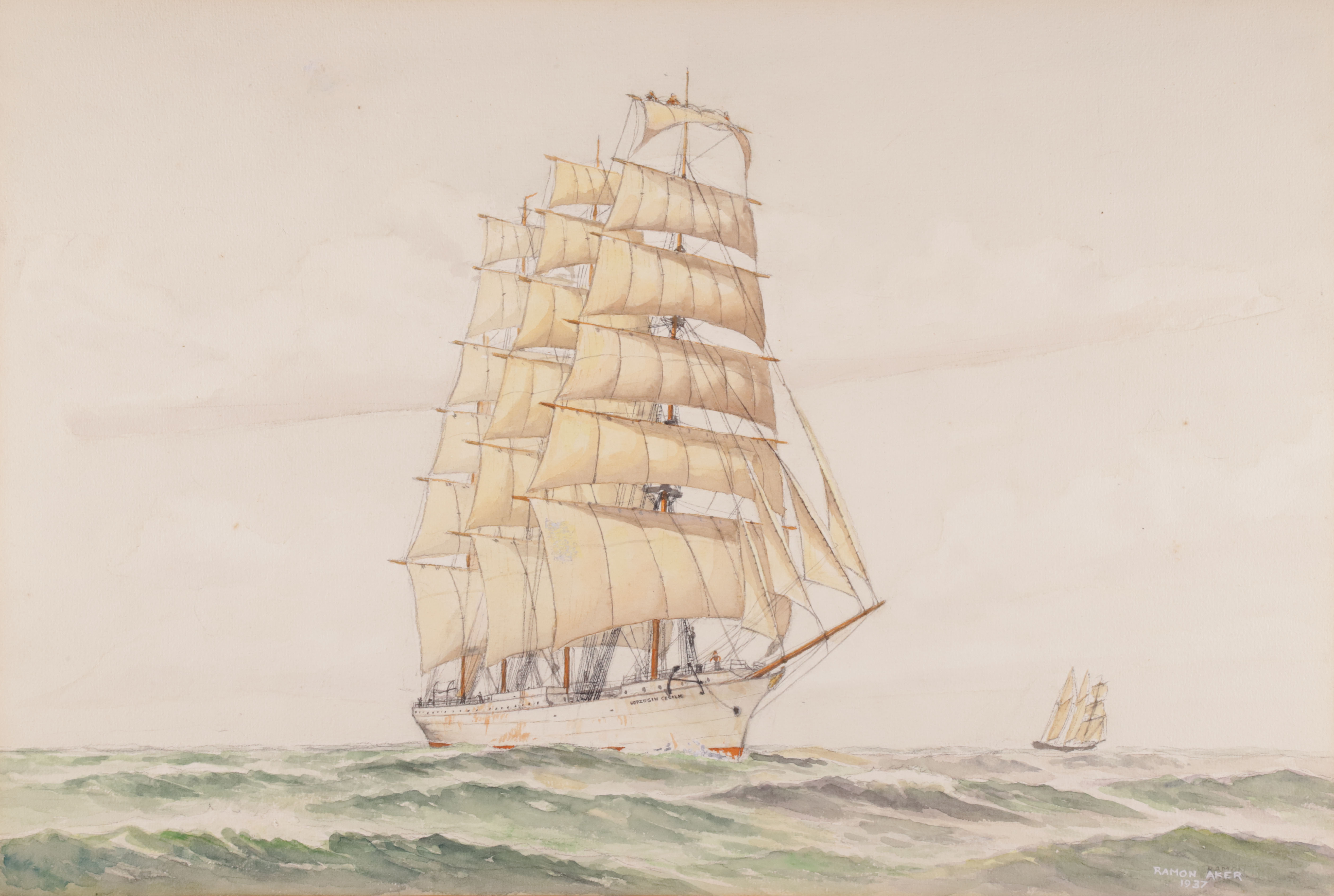 Ramon Aker Watercolor “Portrait of the Ship Hezogin Cecilie 1902-1936”