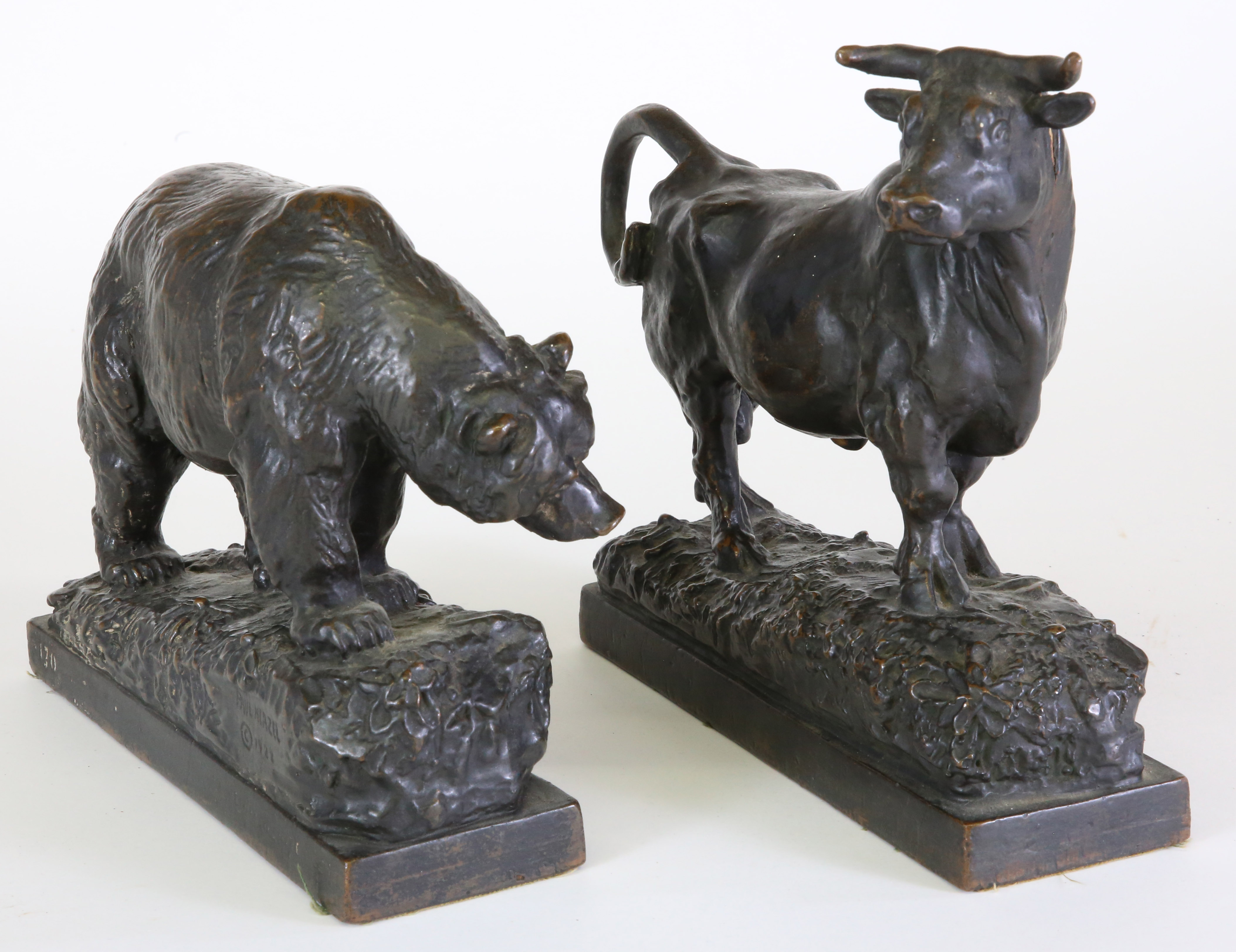 Pair of Paul Herzel Bronze-Clad Bear and Bull Bookends, circa 1922