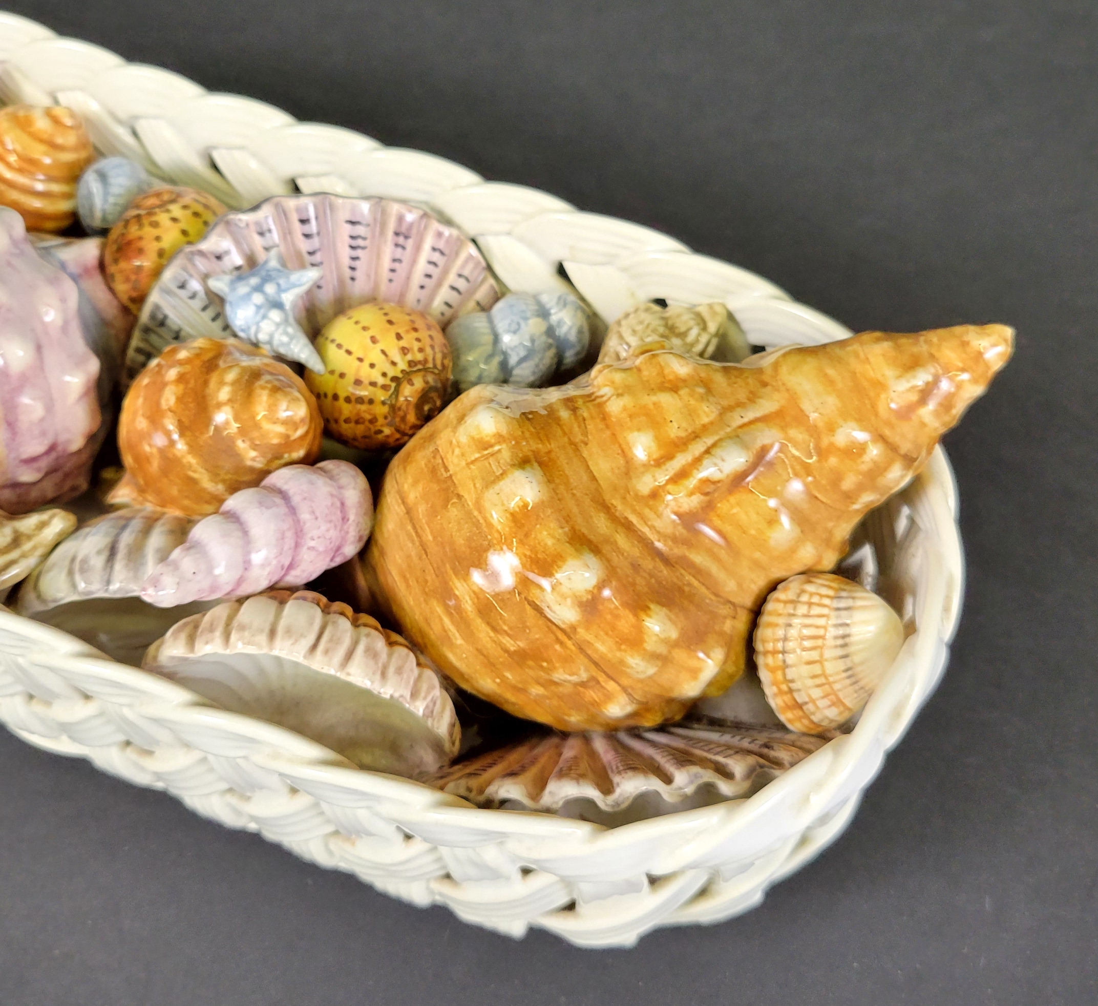 Antique Italian Majolica Basket of Seashells Nautical Centerpiece