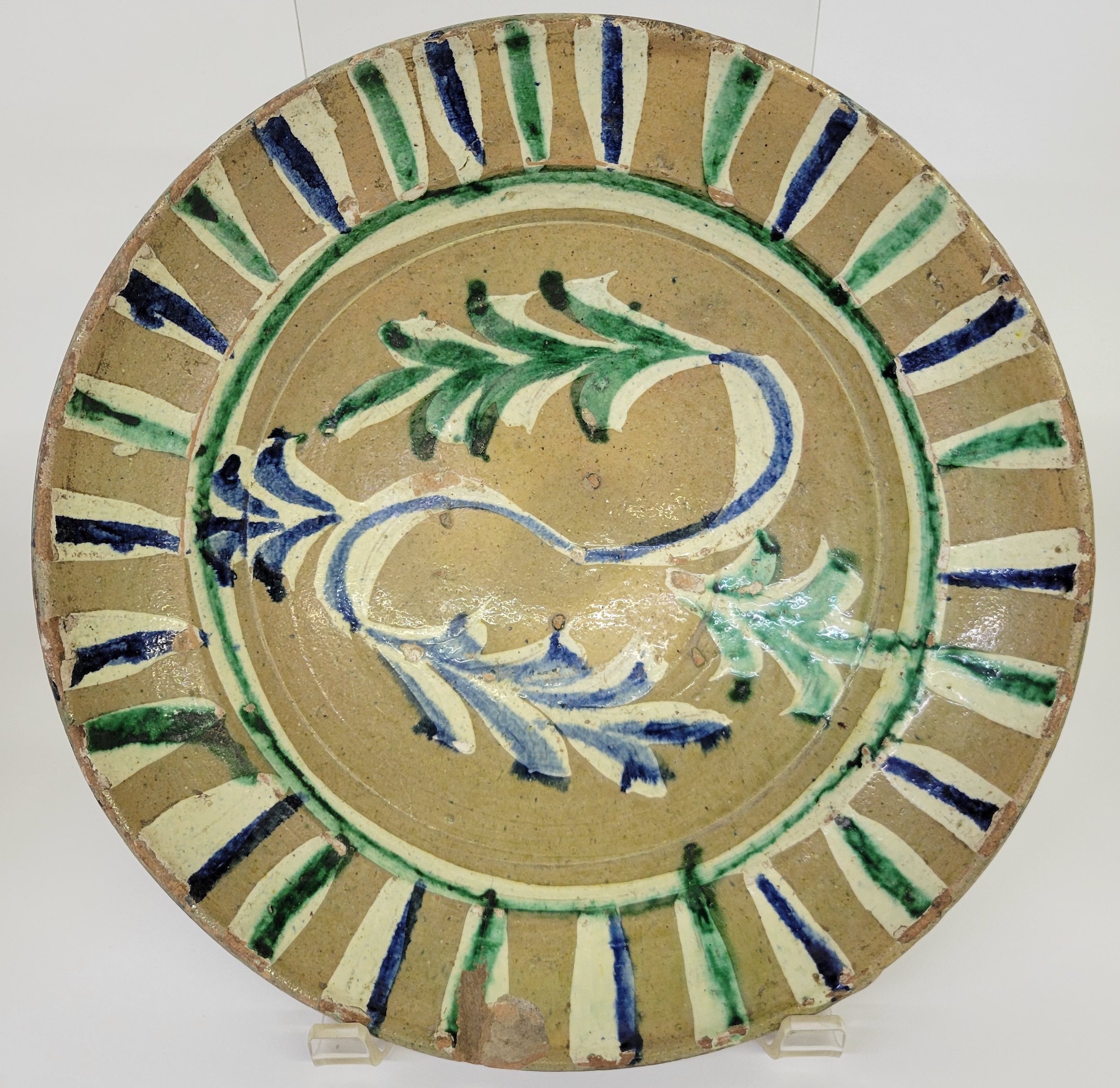 Five Antique Paint Decorated Folk Art Glazed Redware Serving Bowls