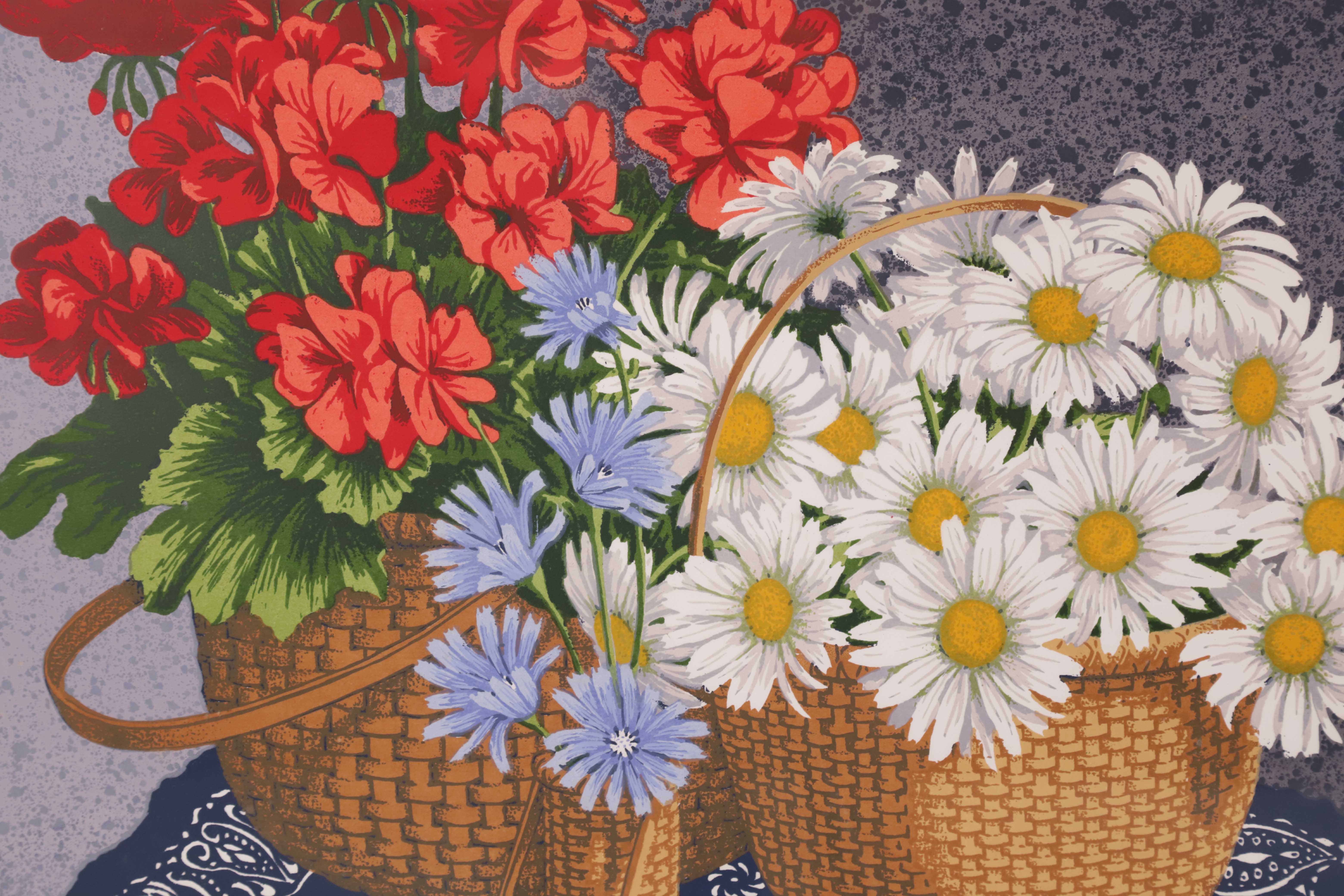 Donn Russell Limited Edition Print “Daisies, Geraniums, and Cornflowers in Nantucket Baskets”