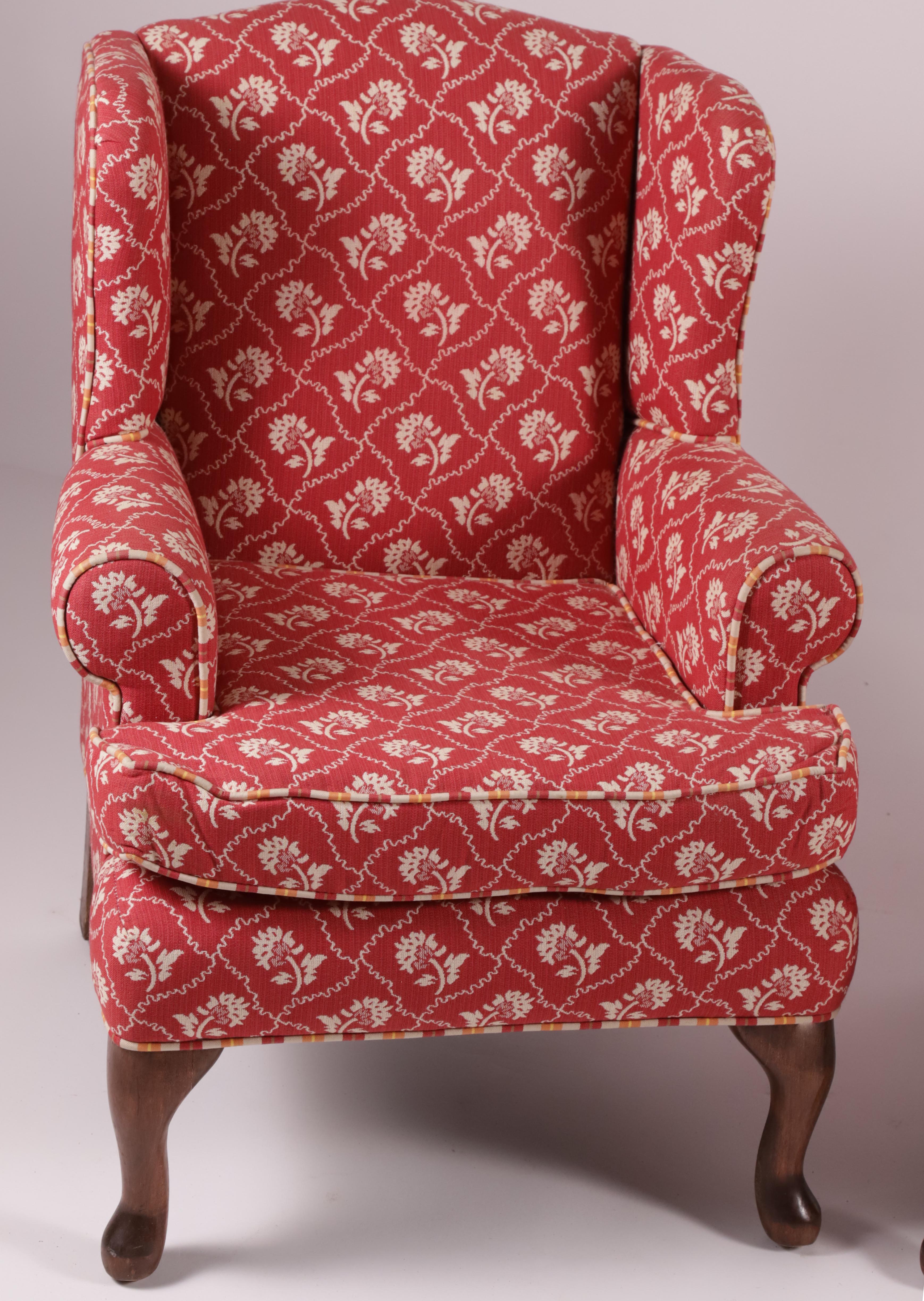 Pair of Child’s Upholstered Wing Chairs and One Ottoman