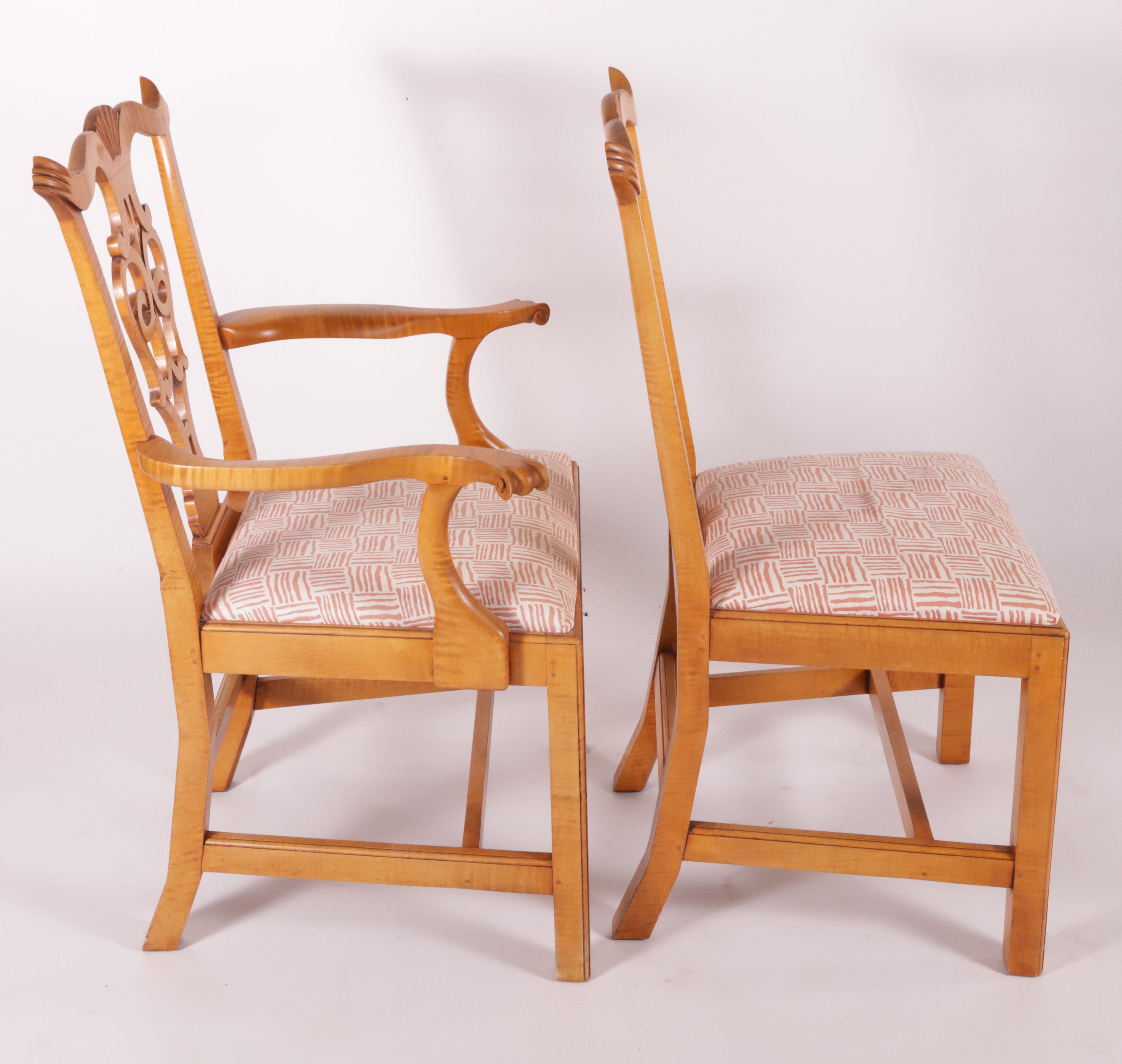 Set of Ten Eldred Wheeler Tiger Maple Chippendale Style Dining Chairs