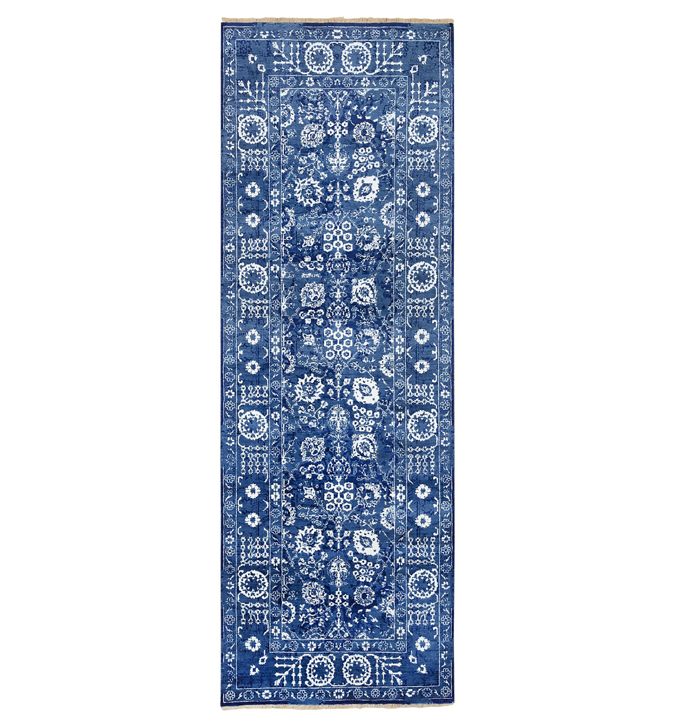 162-4700 Denim Blue Silk Tabriz runner rug A