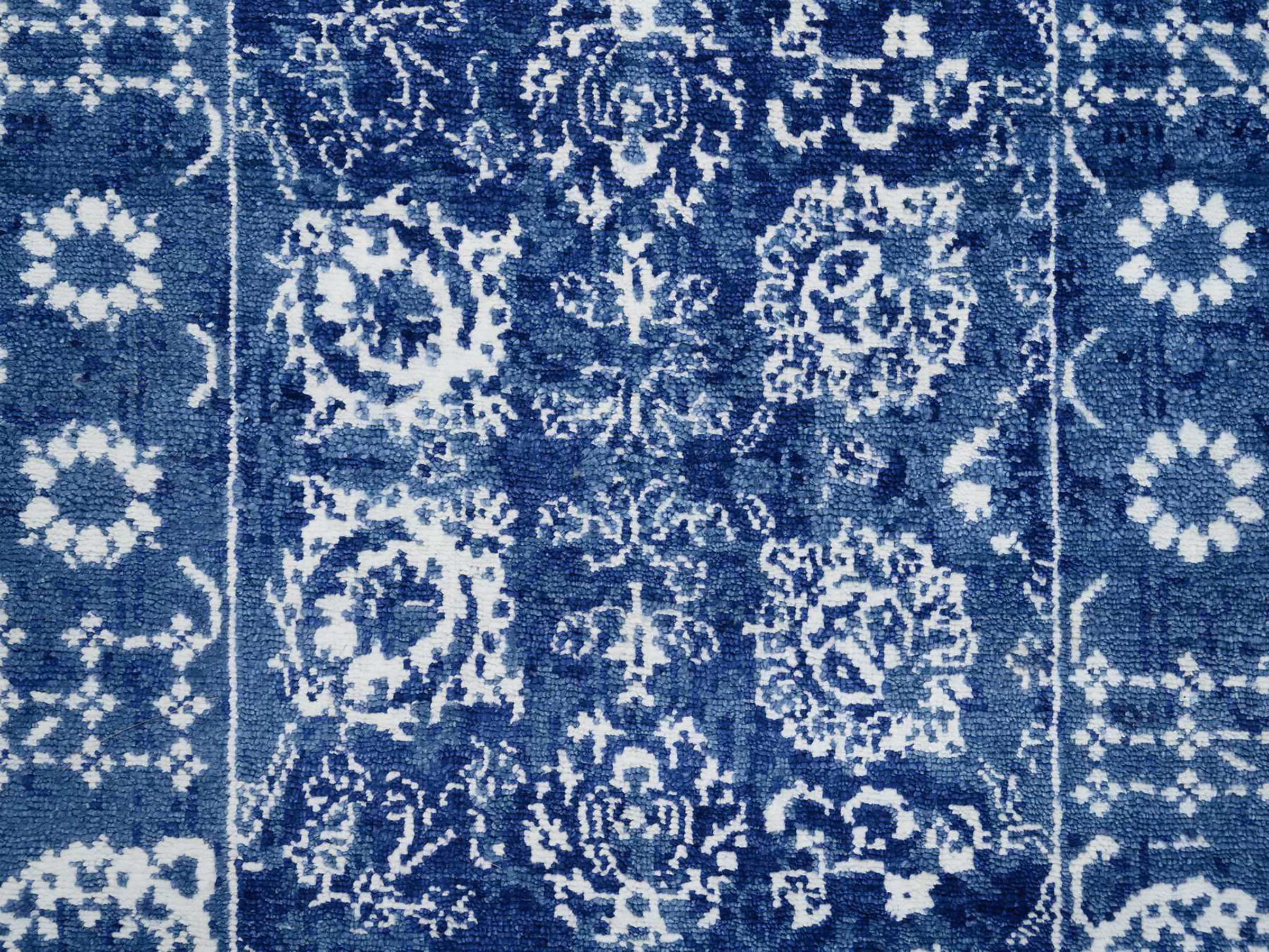 Denim Blue Hand Knotted Wool And Silk Tabriz Oriental Carpet Runner