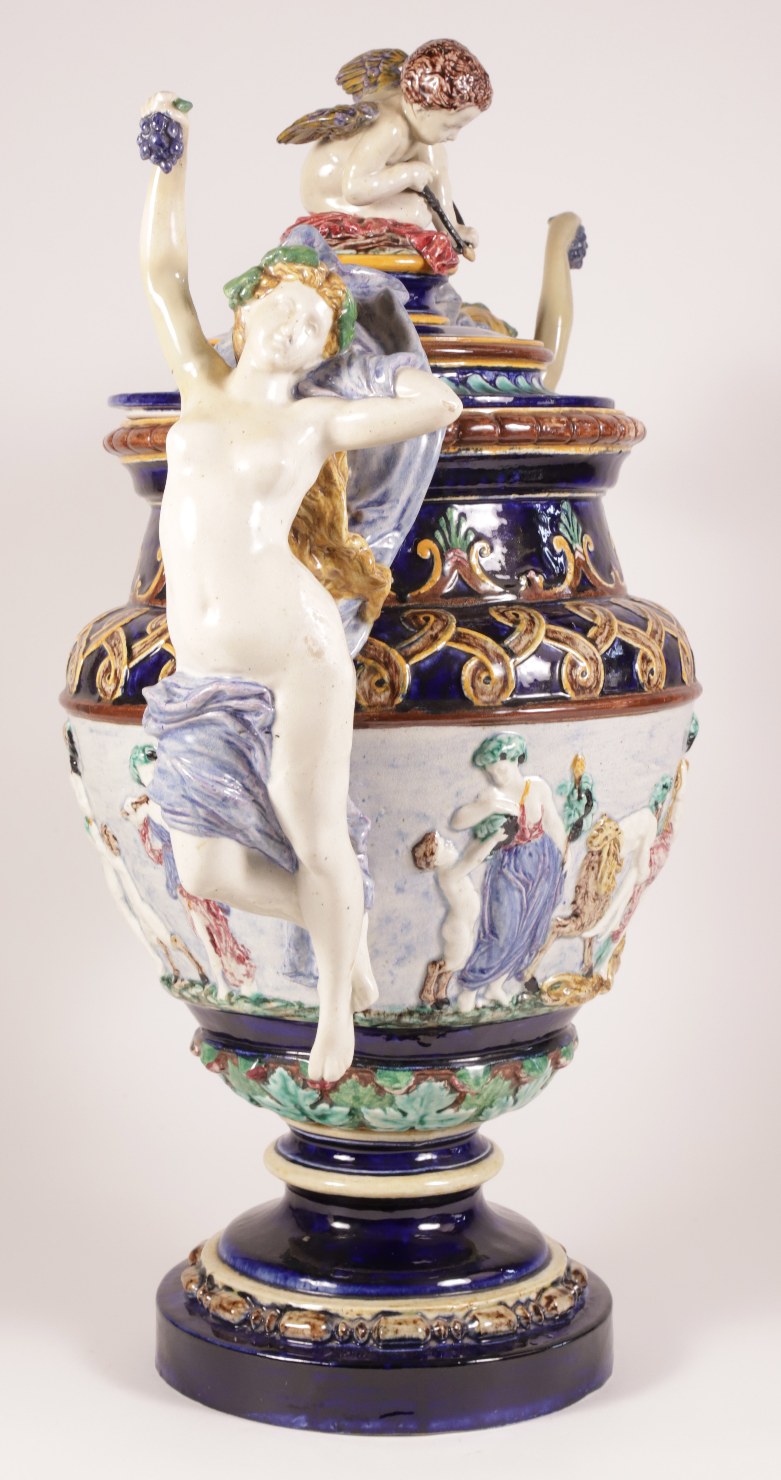 Antique Majolica Covered Vase with Two Maidens and Cherub