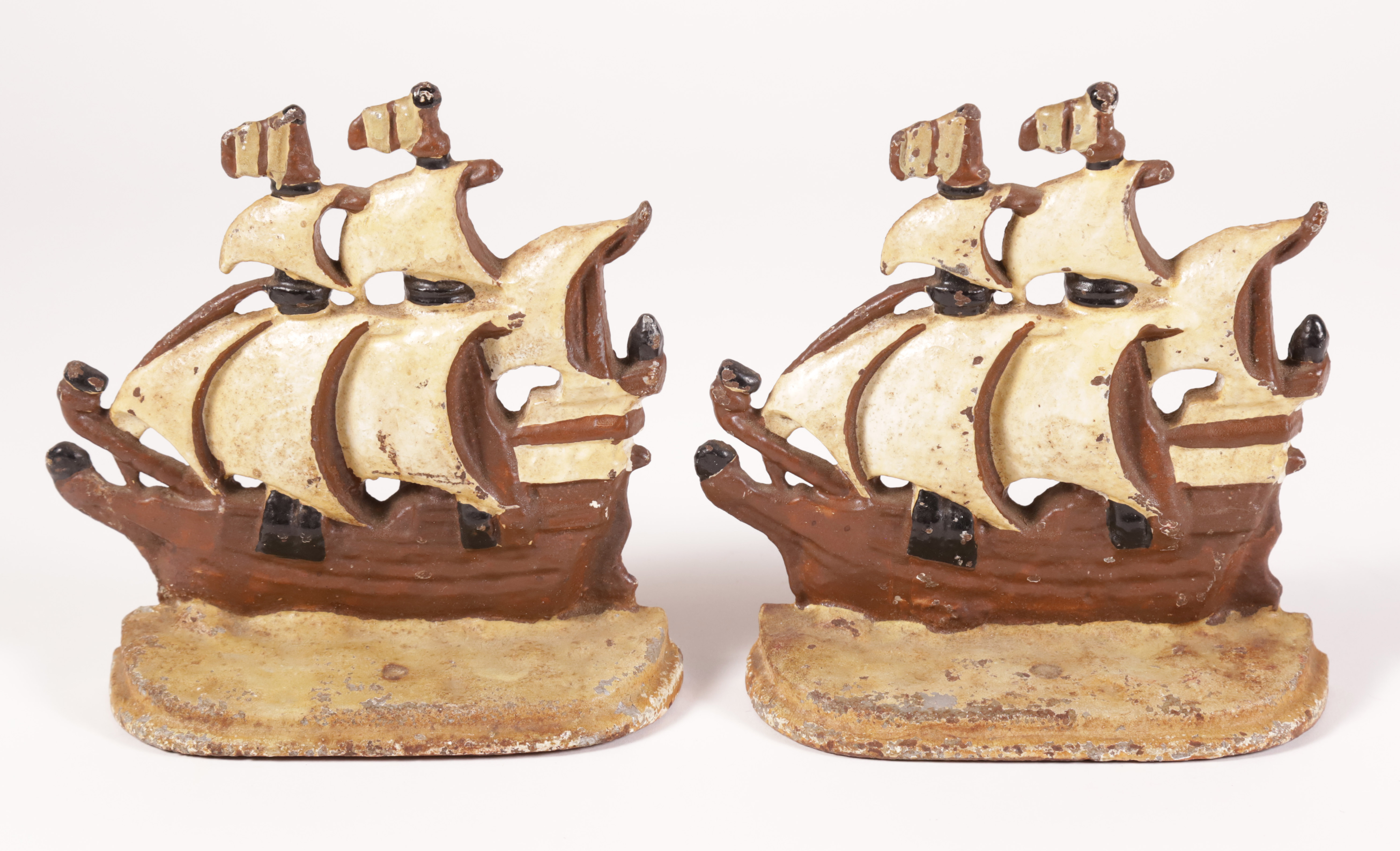 Pair of Cast Iron and Painted Clippership Galleon Bookends