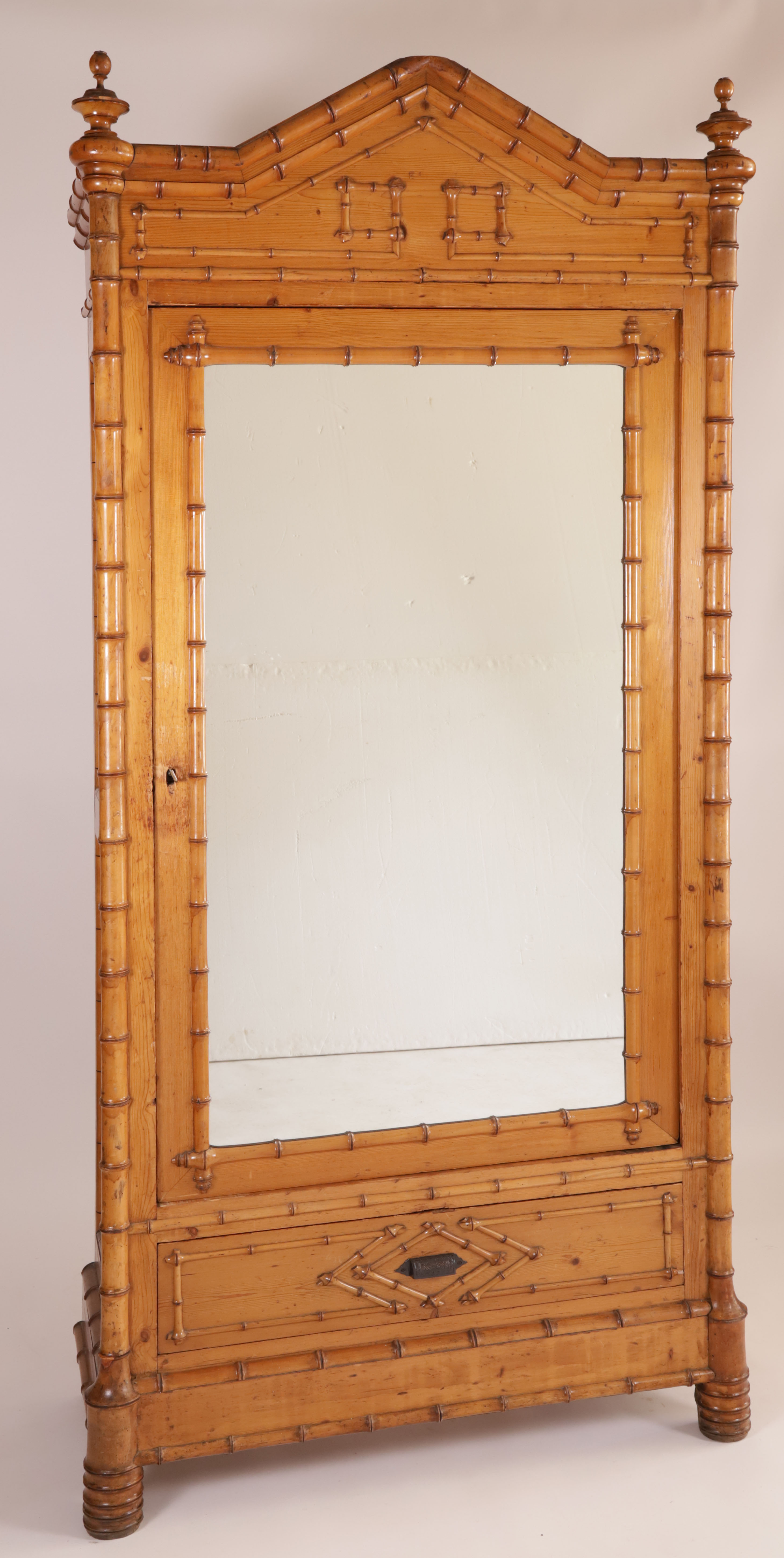 French Faux Bamboo Mirrored Door Armoire, 19th Century