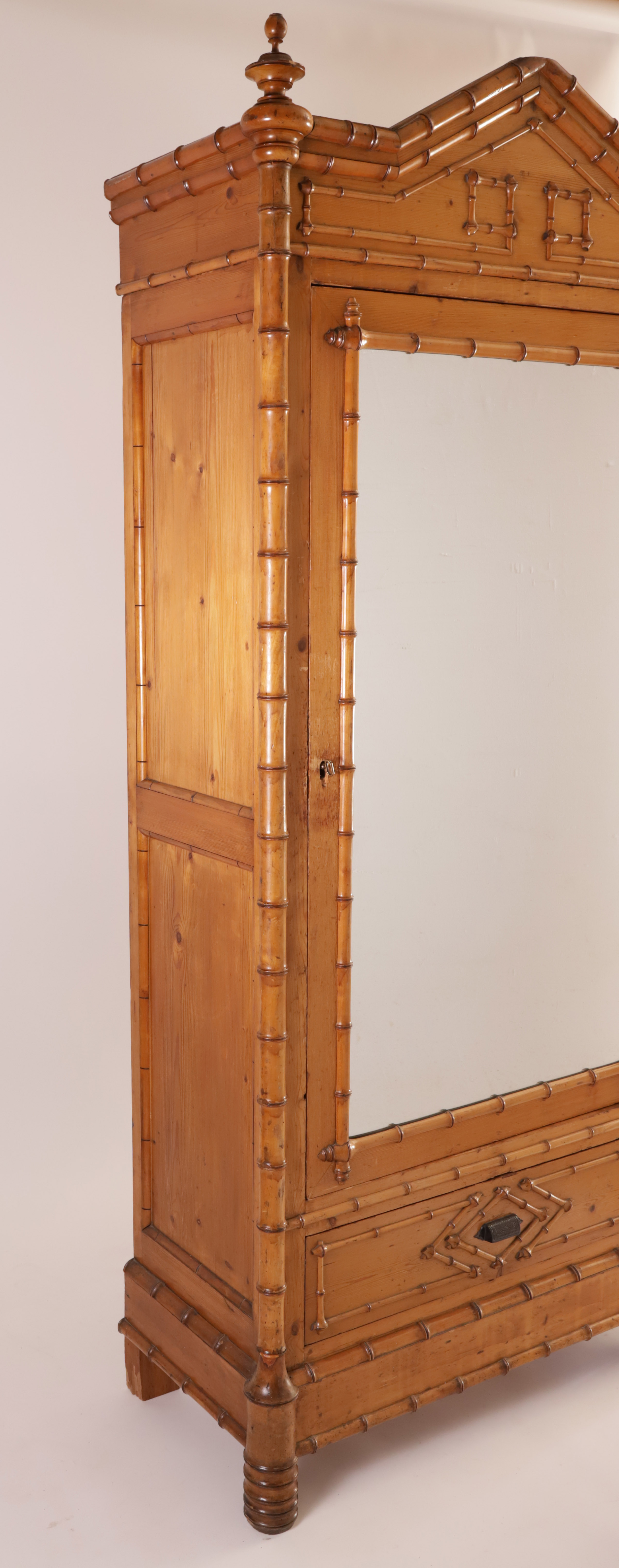 French Faux Bamboo Mirrored Door Armoire, 19th Century