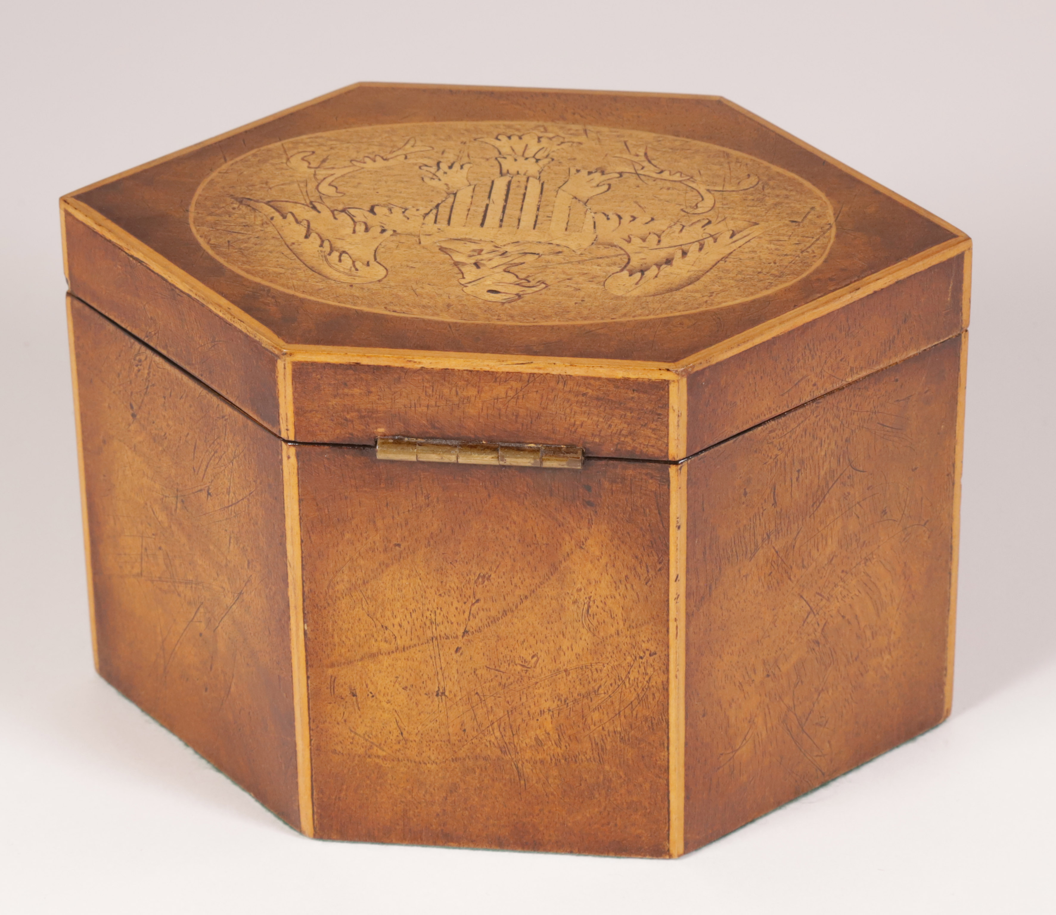 Contemporary Federal Style Eagle Inlaid Canted Hexagonal Tea Caddy with Two Lidded Compartments