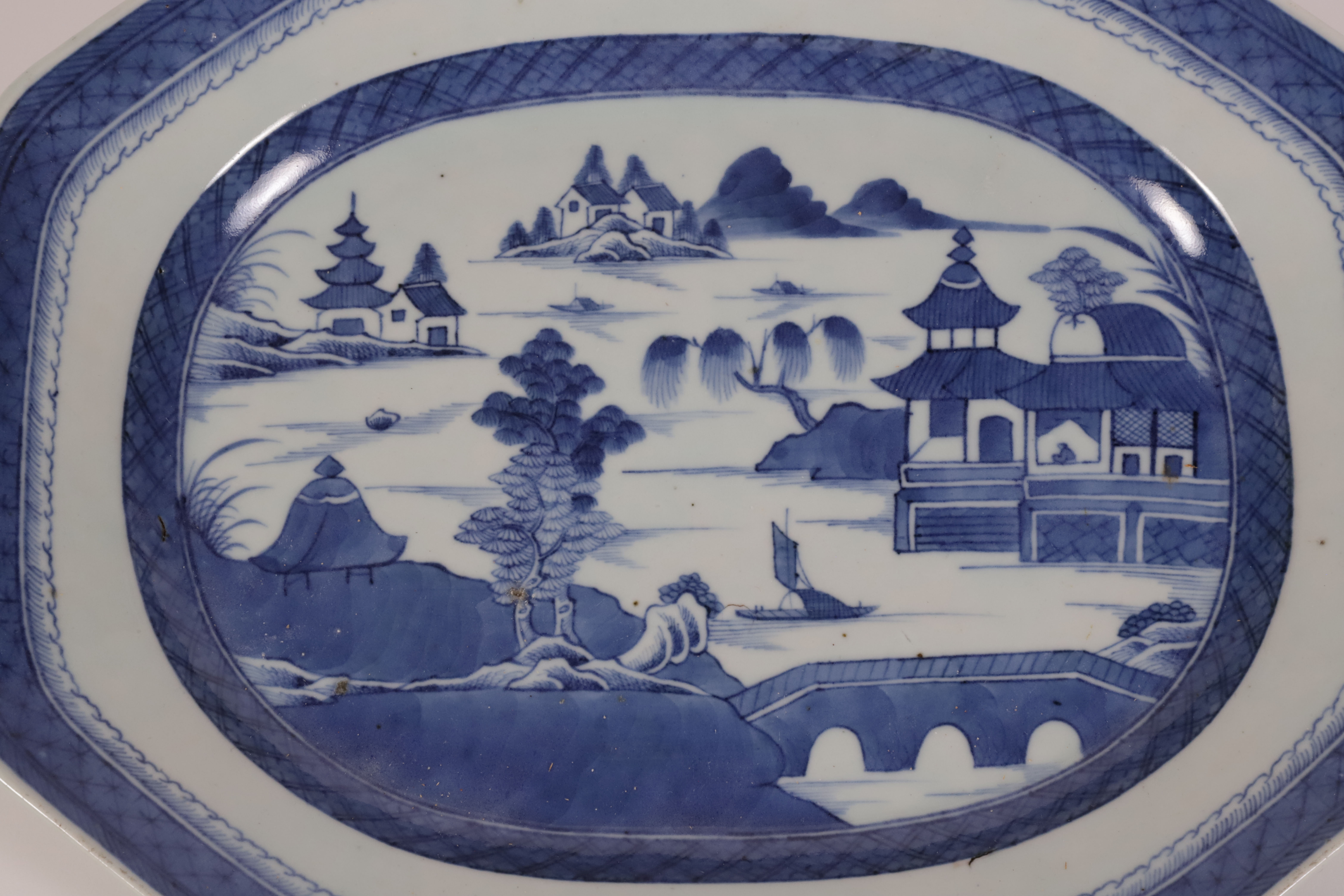 Blue and White Canton Rectangular Meat Platter, 19th Century