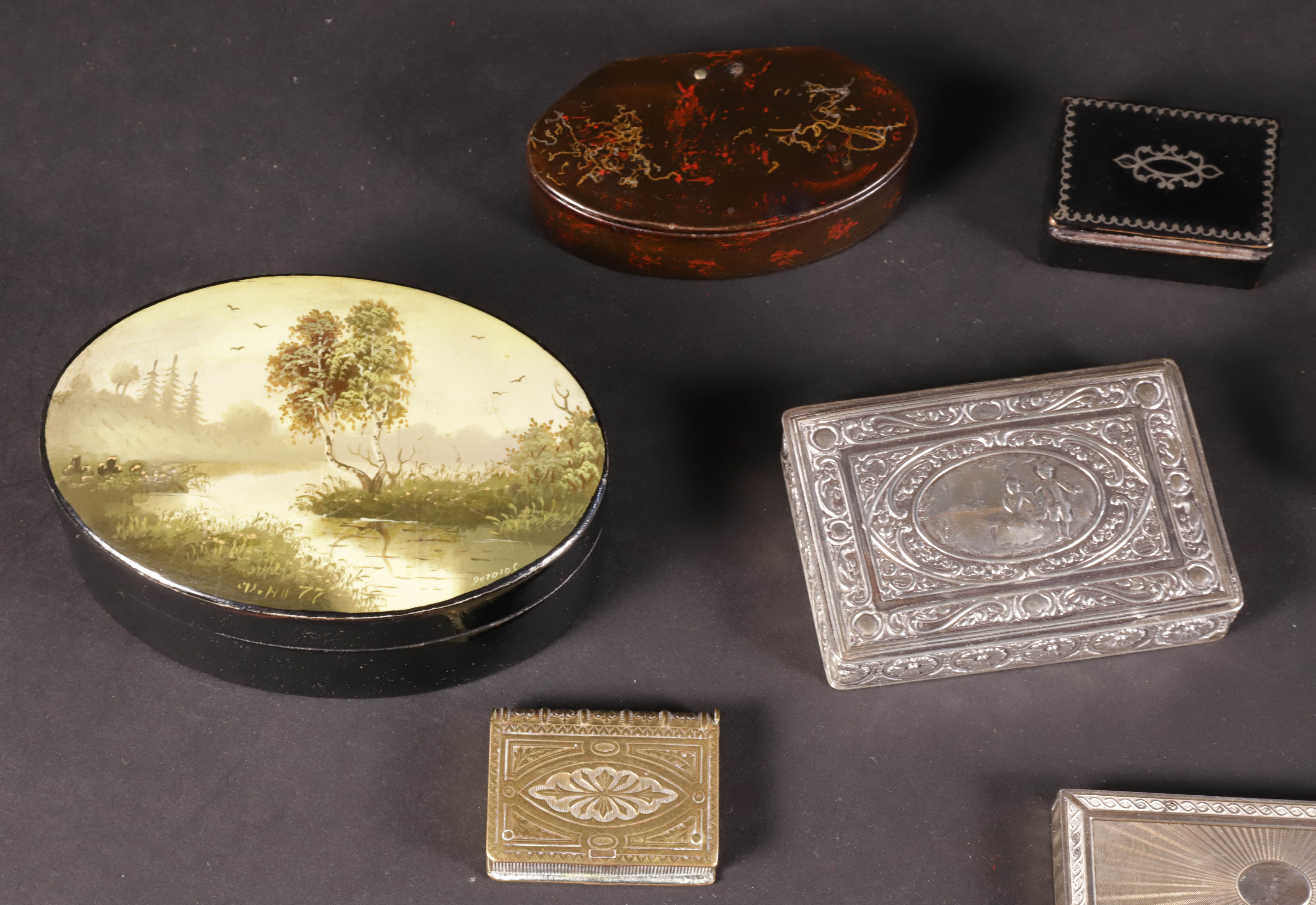 Collection of 8 Misc. Snuff Boxes and Match Safes and Oval Russian Landscape Painted Box