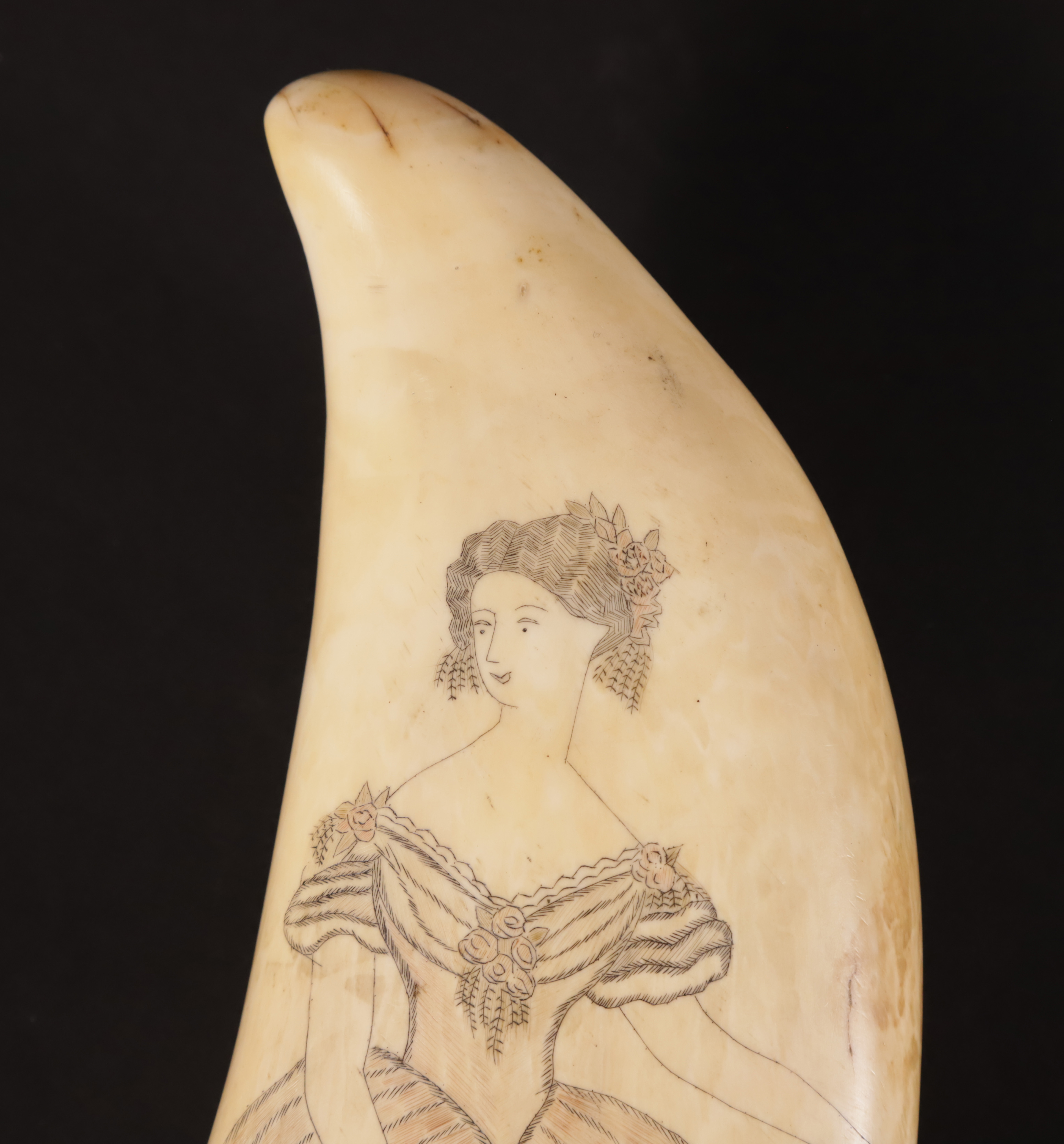 Scrimshawed and Polychromed Antique Sperm Whale Tooth, 19th Century