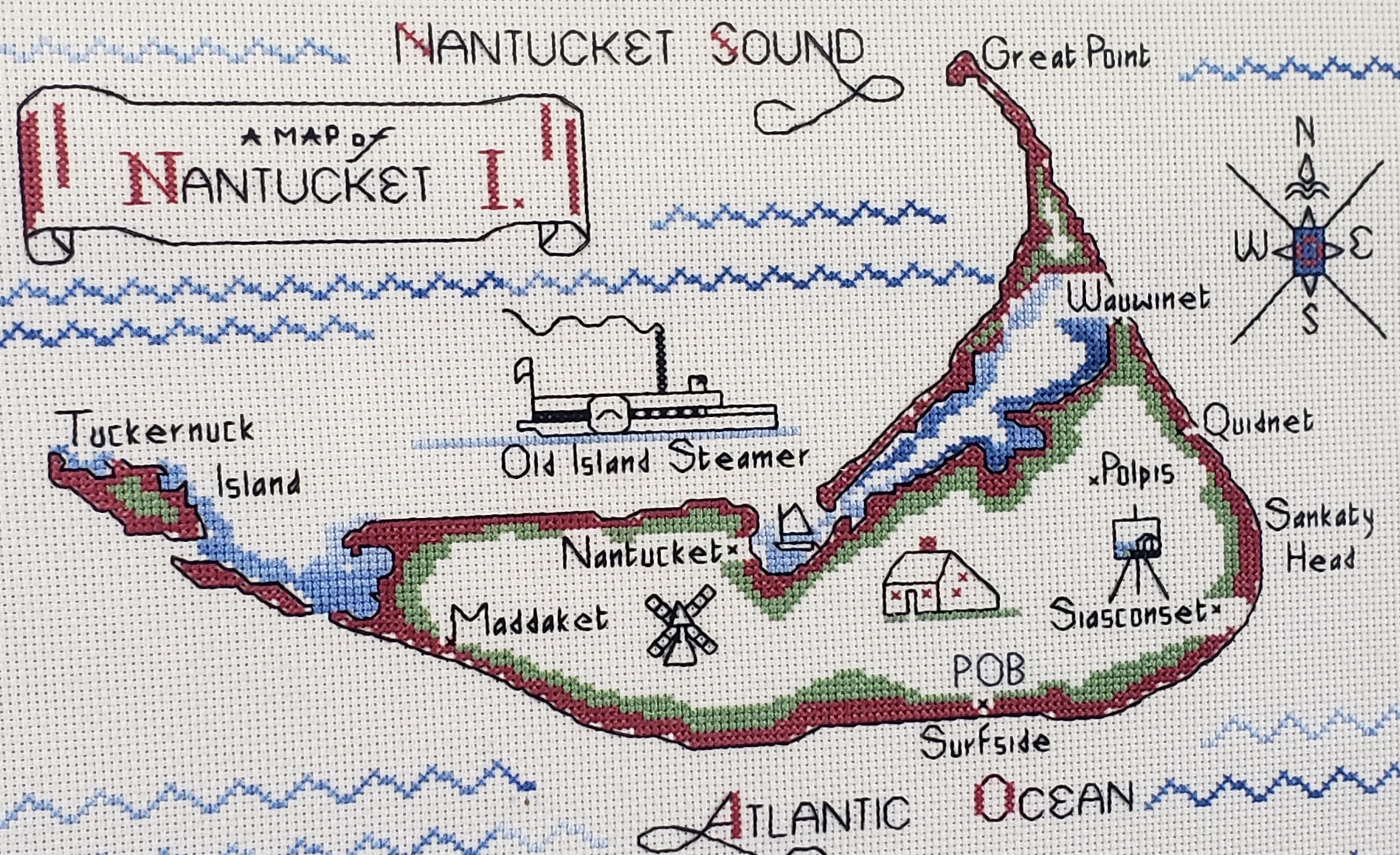 Vintage Needlepoint Pictorial Map of Nantucket, 20th century
