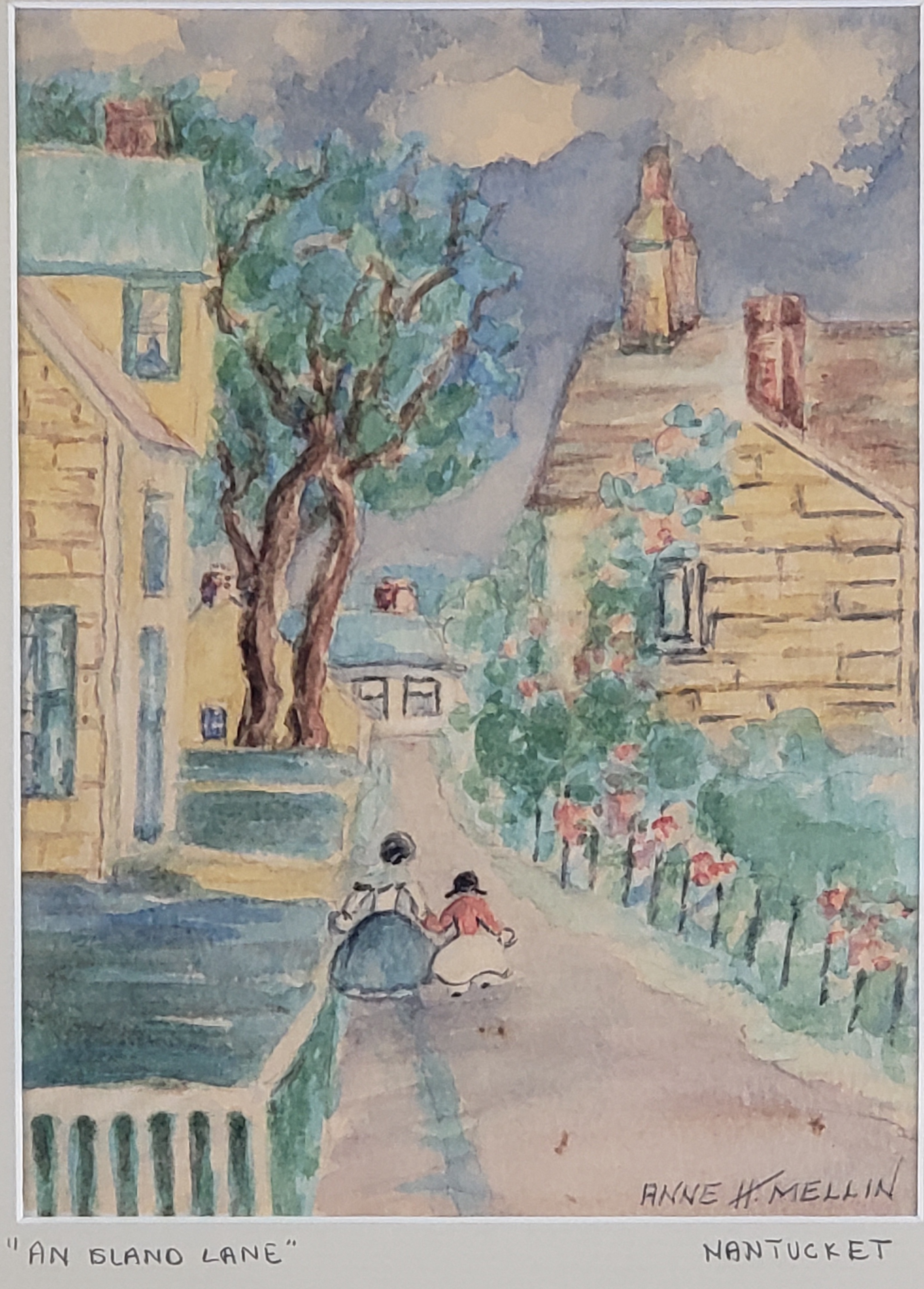 Vintage Anne H. Mellin Nantucket Watercolor on Paper, “An Island Lane”