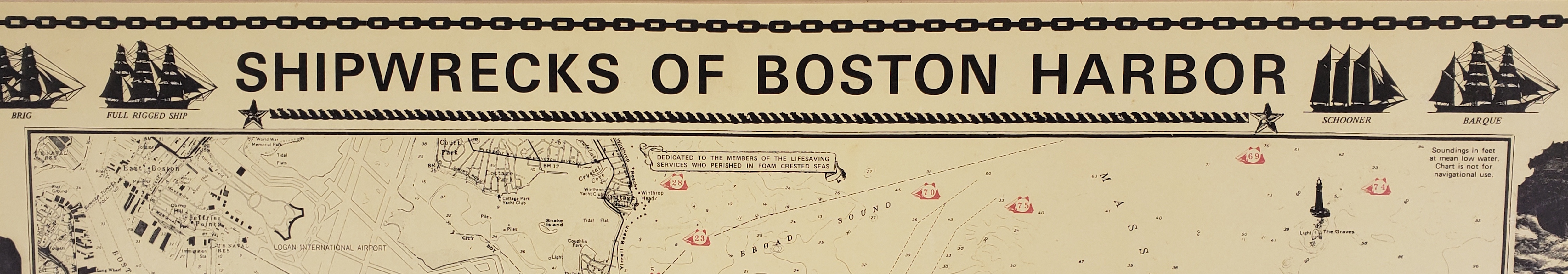Vintage, “Shipwrecks of Boston Harbor” Pictorial Chart Map, 20th century