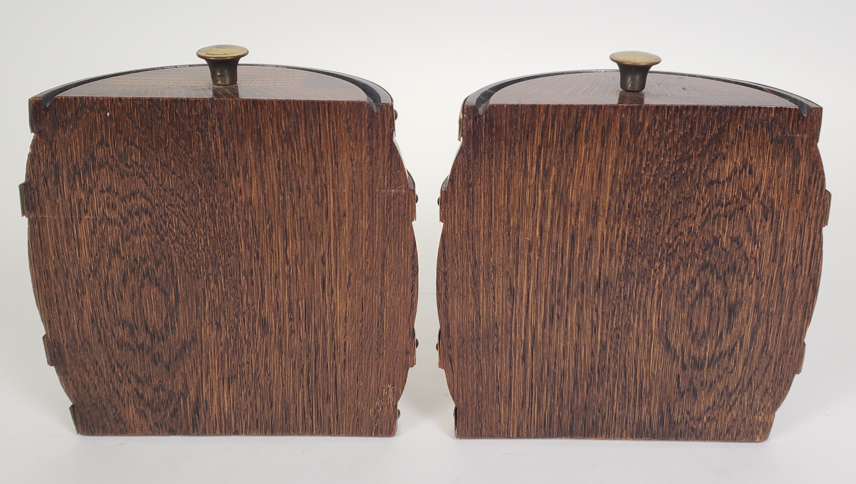 Pair of English Oak Brass Bound Figural Barrel Bookends