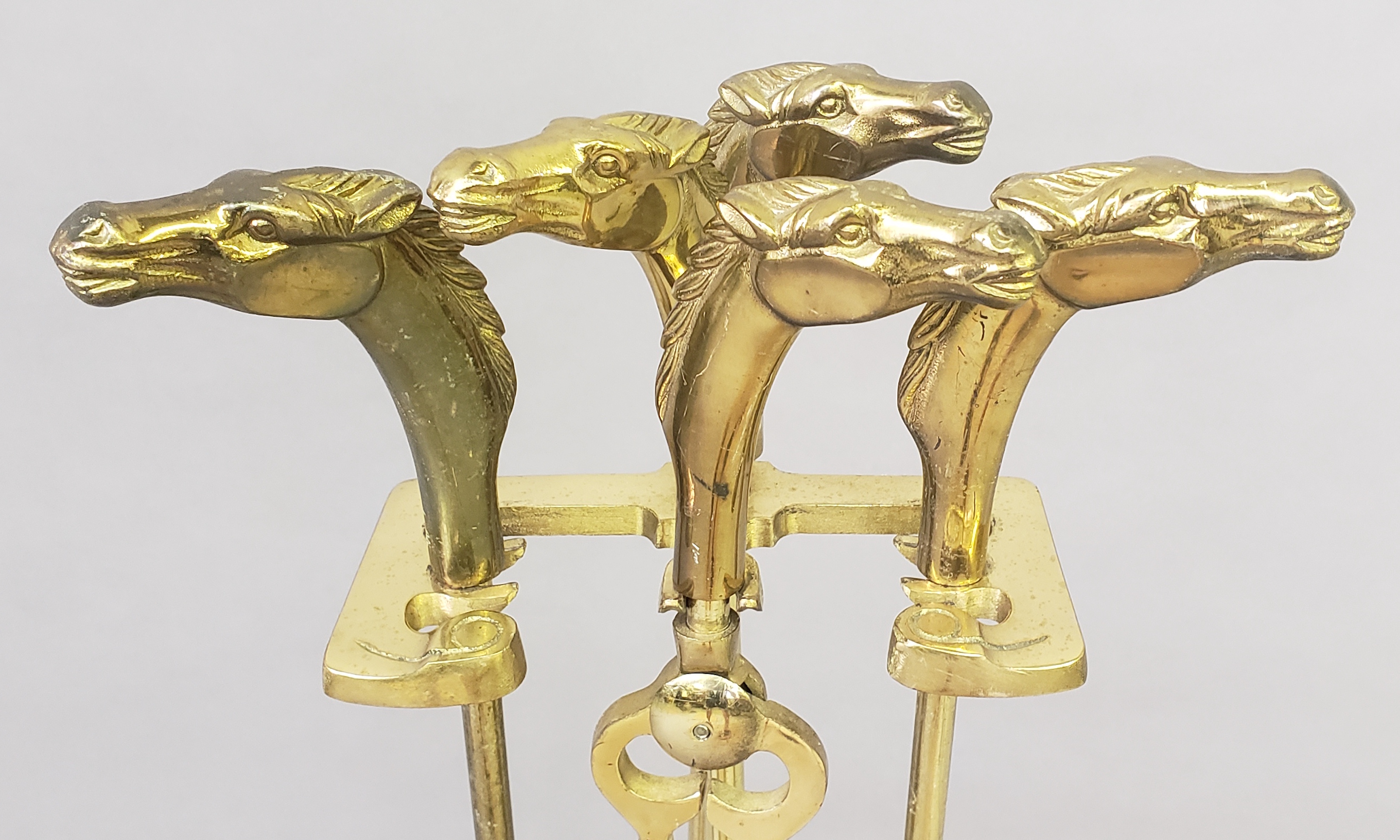 Vintage Five-Piece Figural Brass Horse Head Fire Tool Set