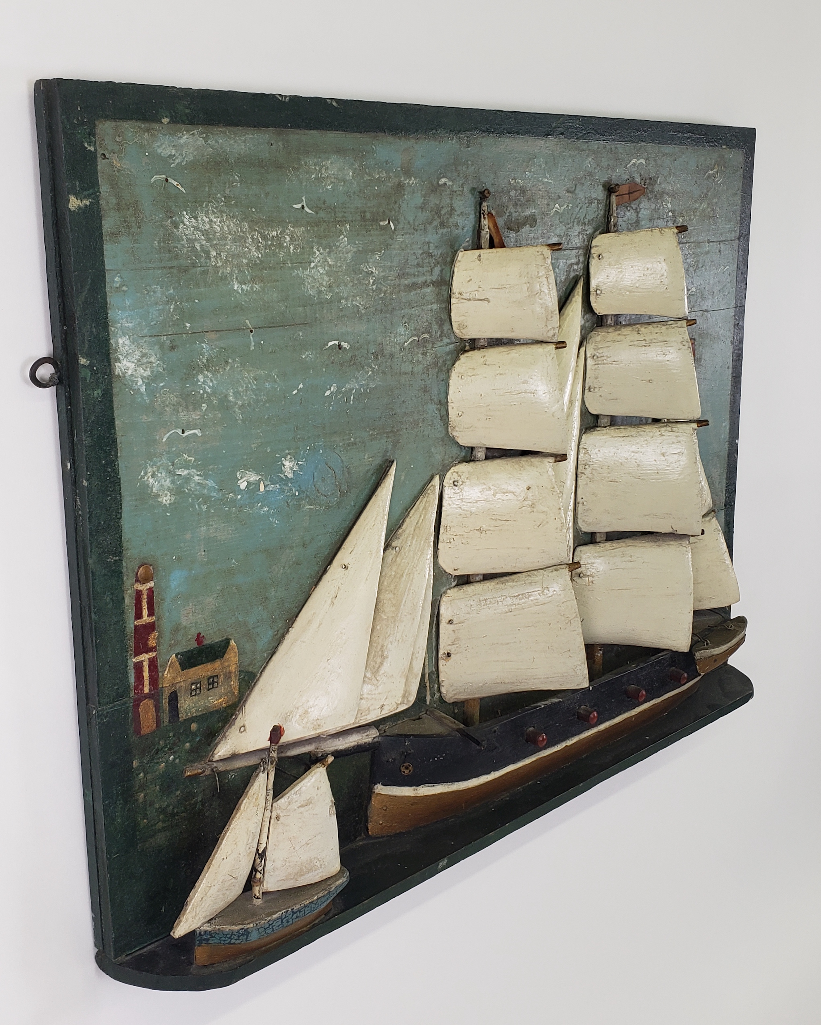 Antique American Folk Art Carved and Painted Ship Plaque, 19th century