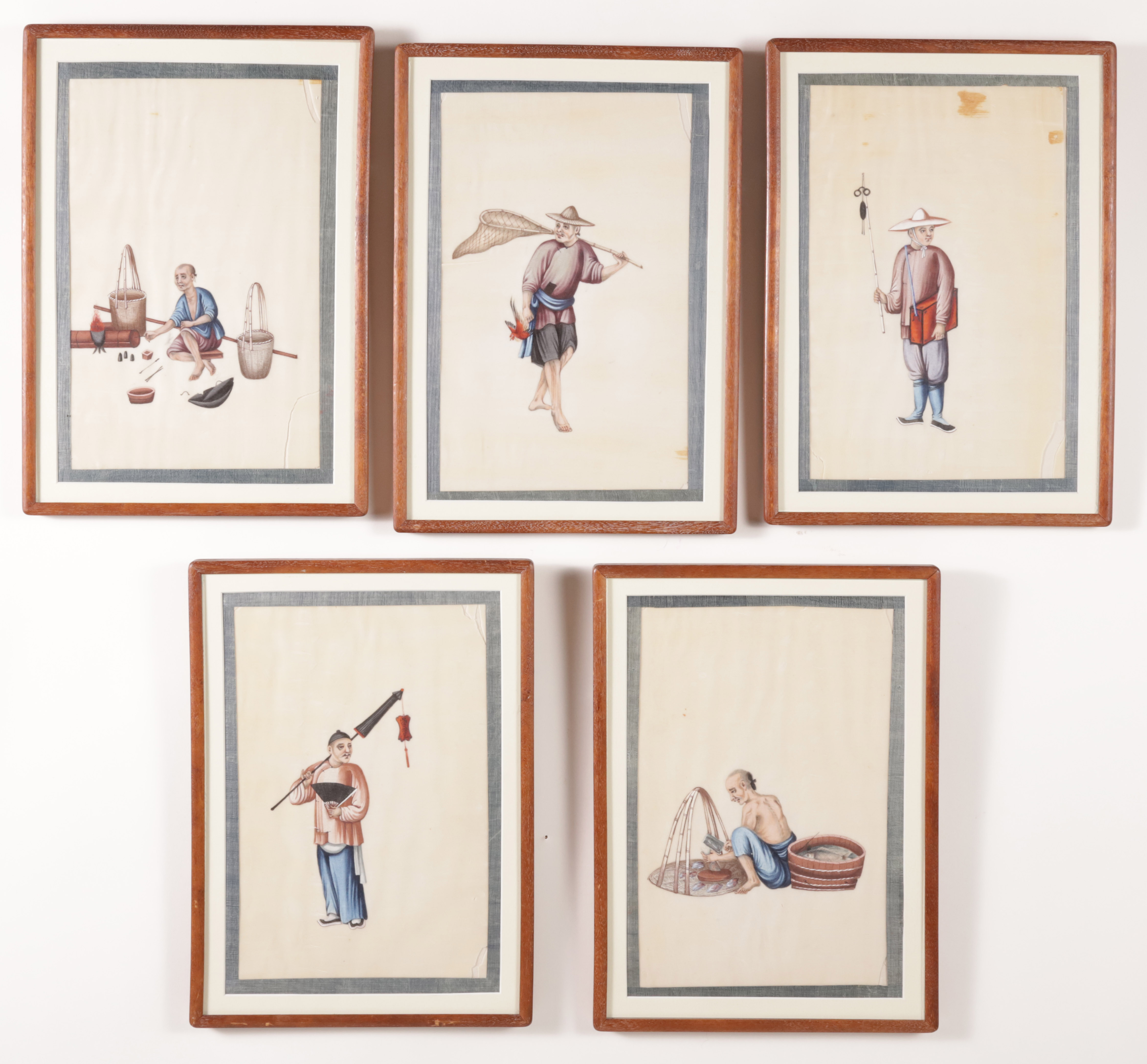 Set of Five Chinese Export Watercolors on Pith Paper, Street Merchants, Early 19th Century