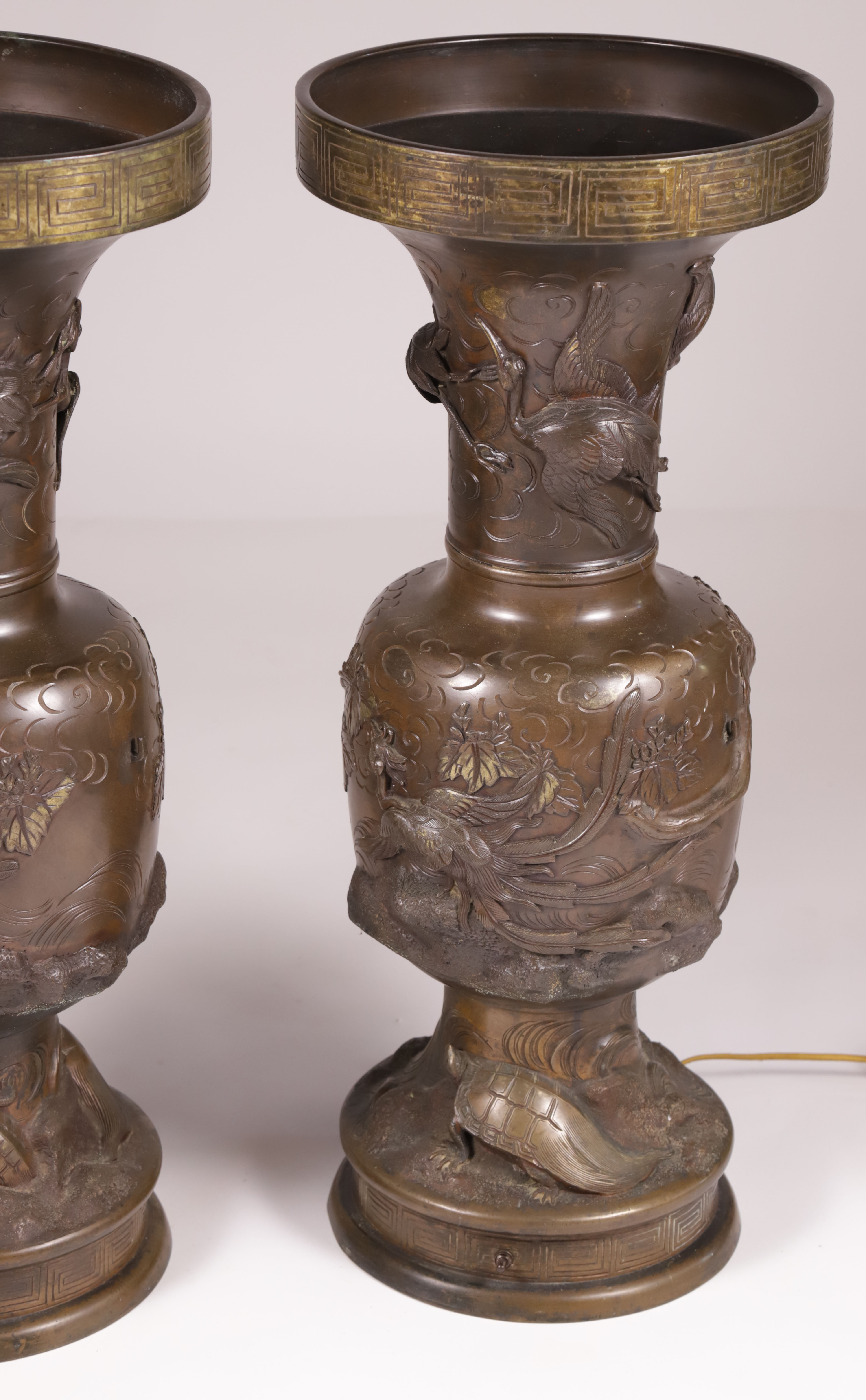 Pair of Chinese Bronze Urns Converted to Lamps