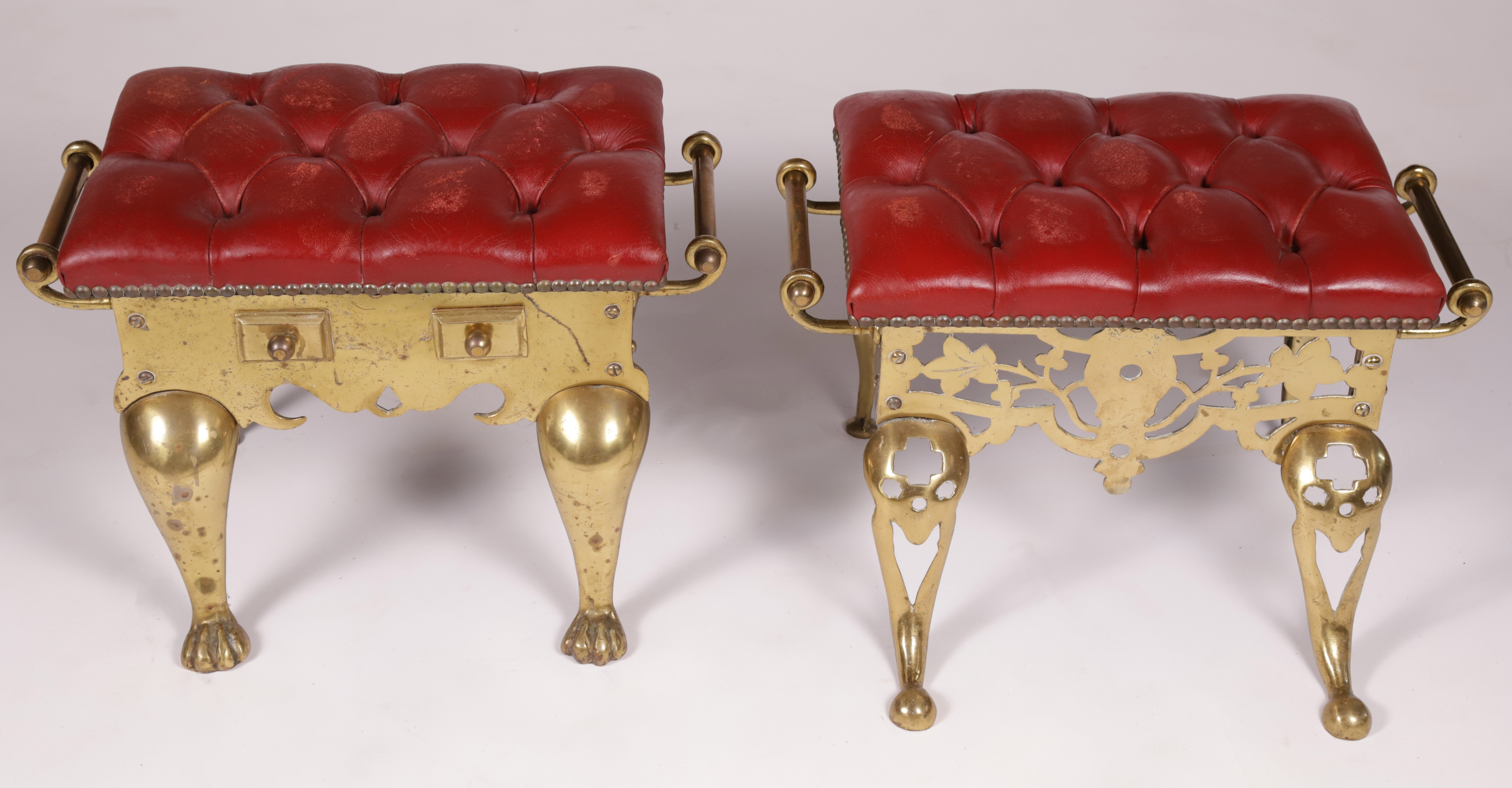 Pair of 19th Century Brass and Red Leather Tufted Foot Rests