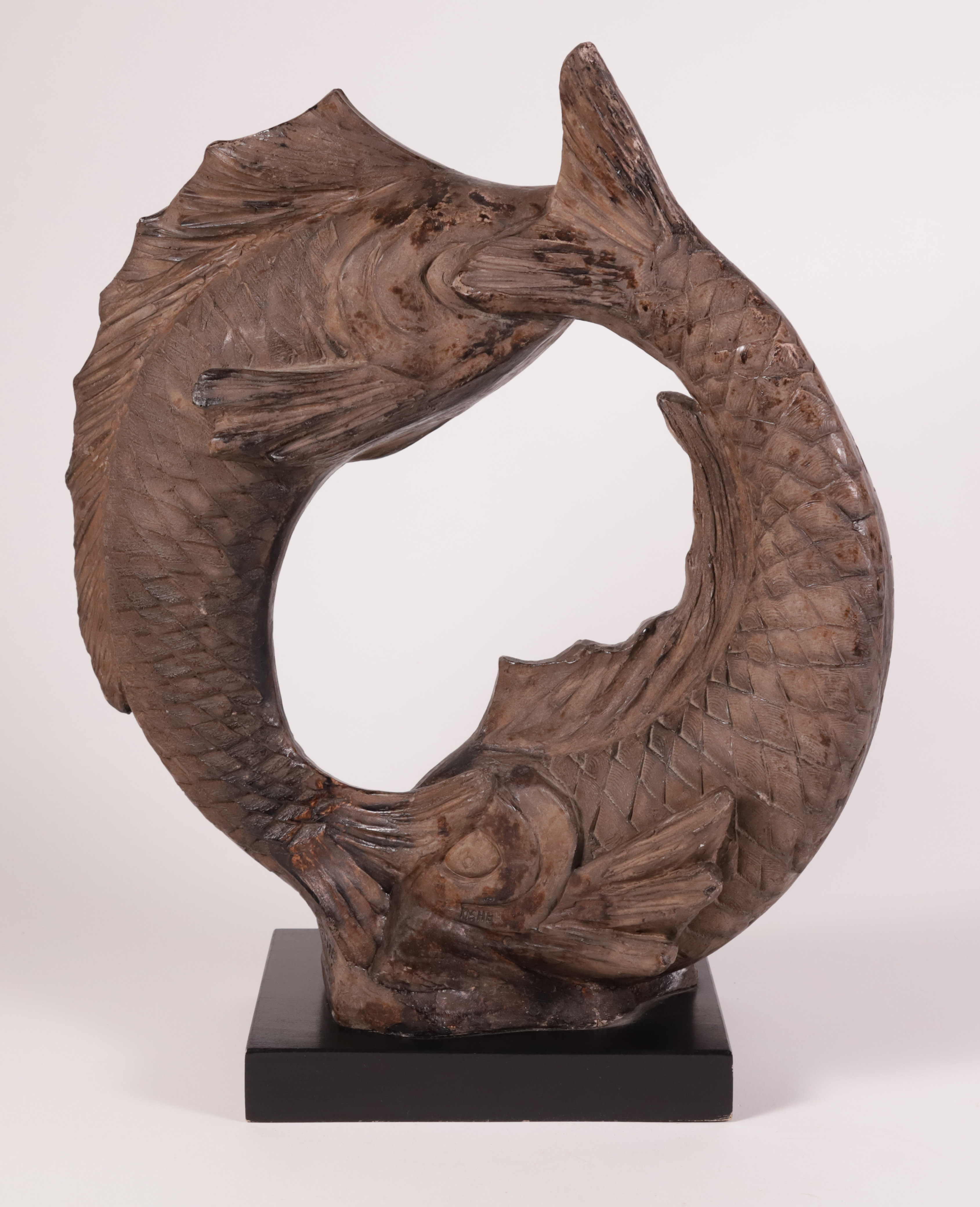 Cast Terracotta Yin and Yang Fish Sculpture