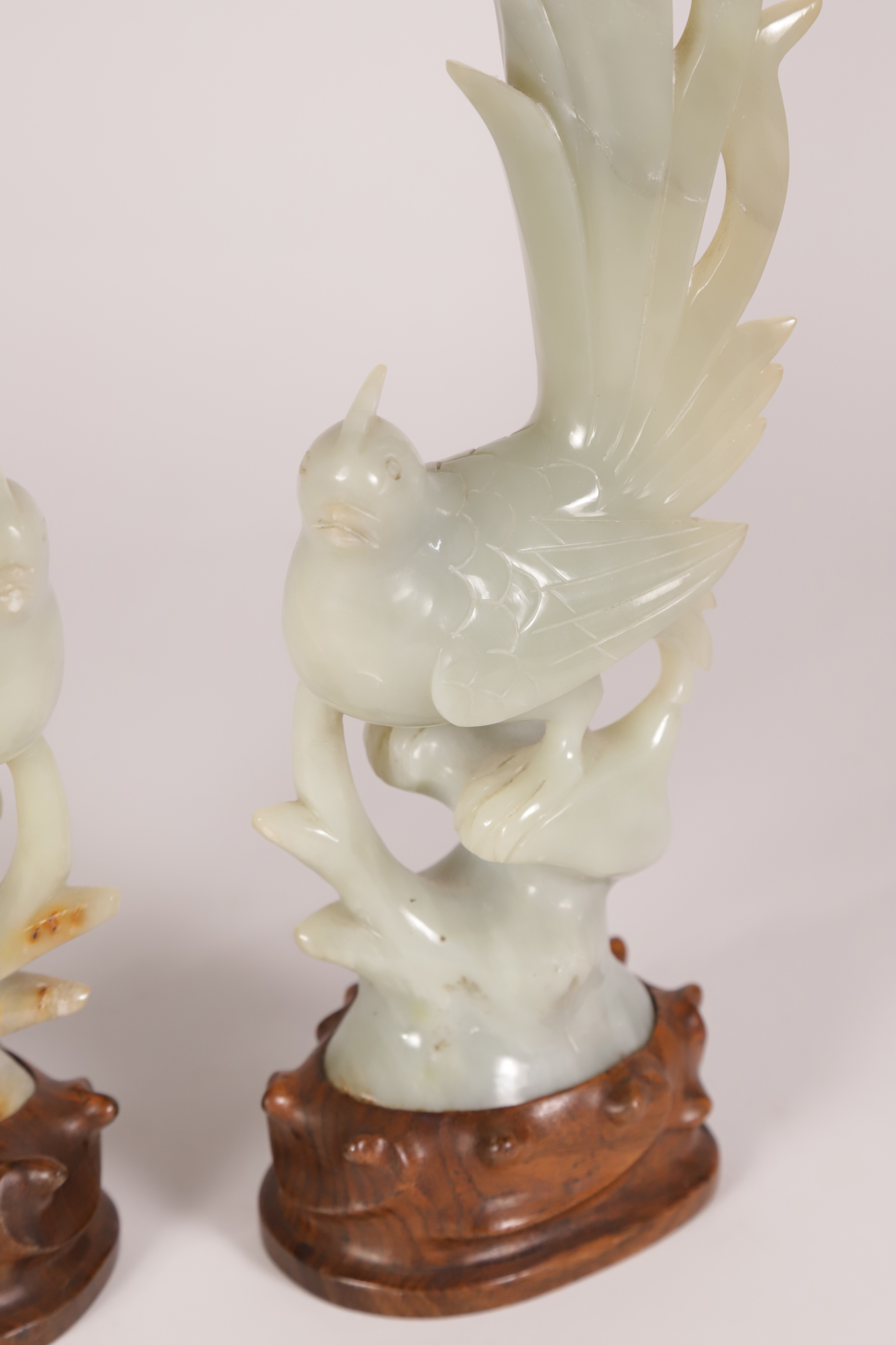 Pair of Vintage Celadon Jade Phoenix Carvings