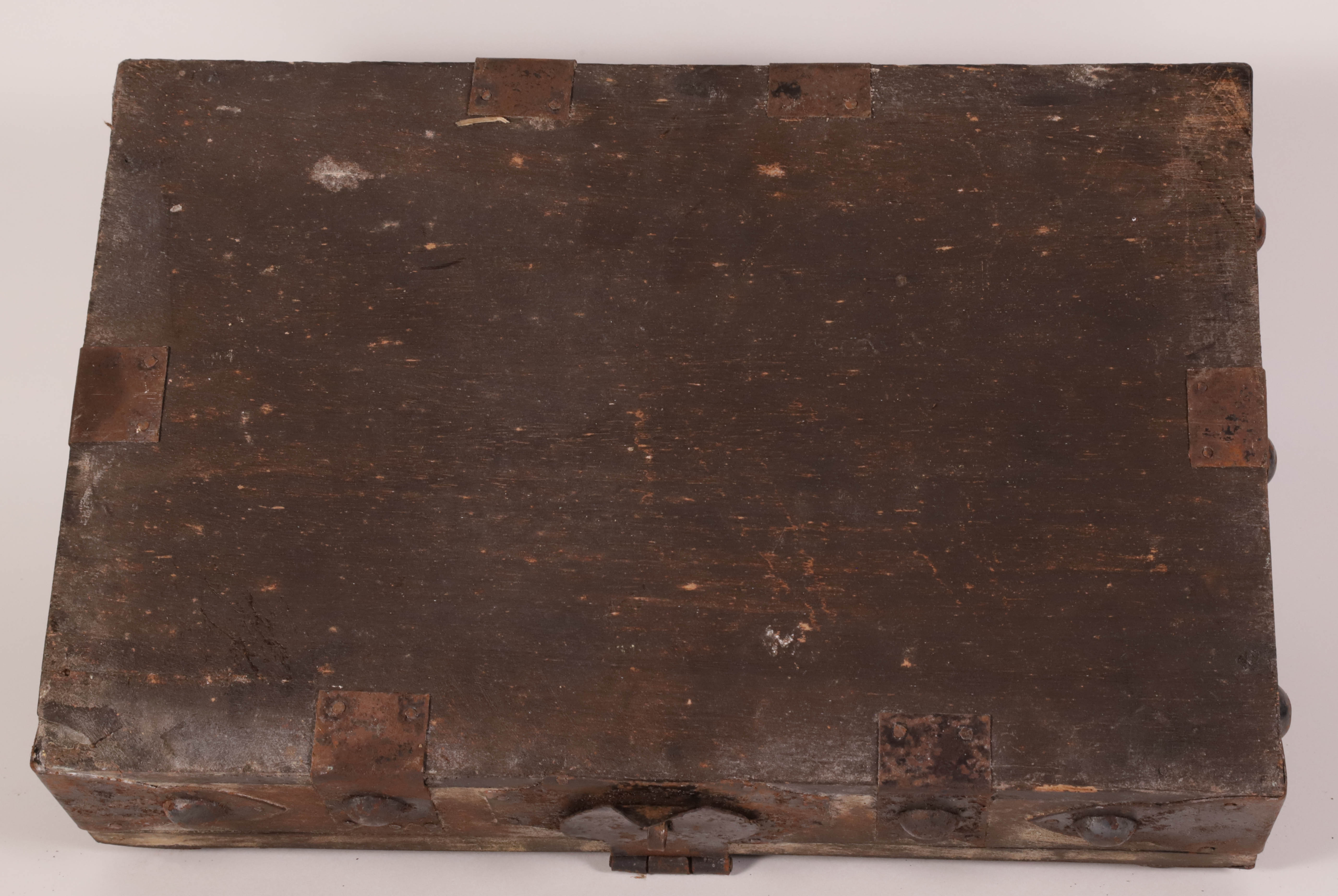 Antique Iron Strapped and Studded Oak Carrying Box