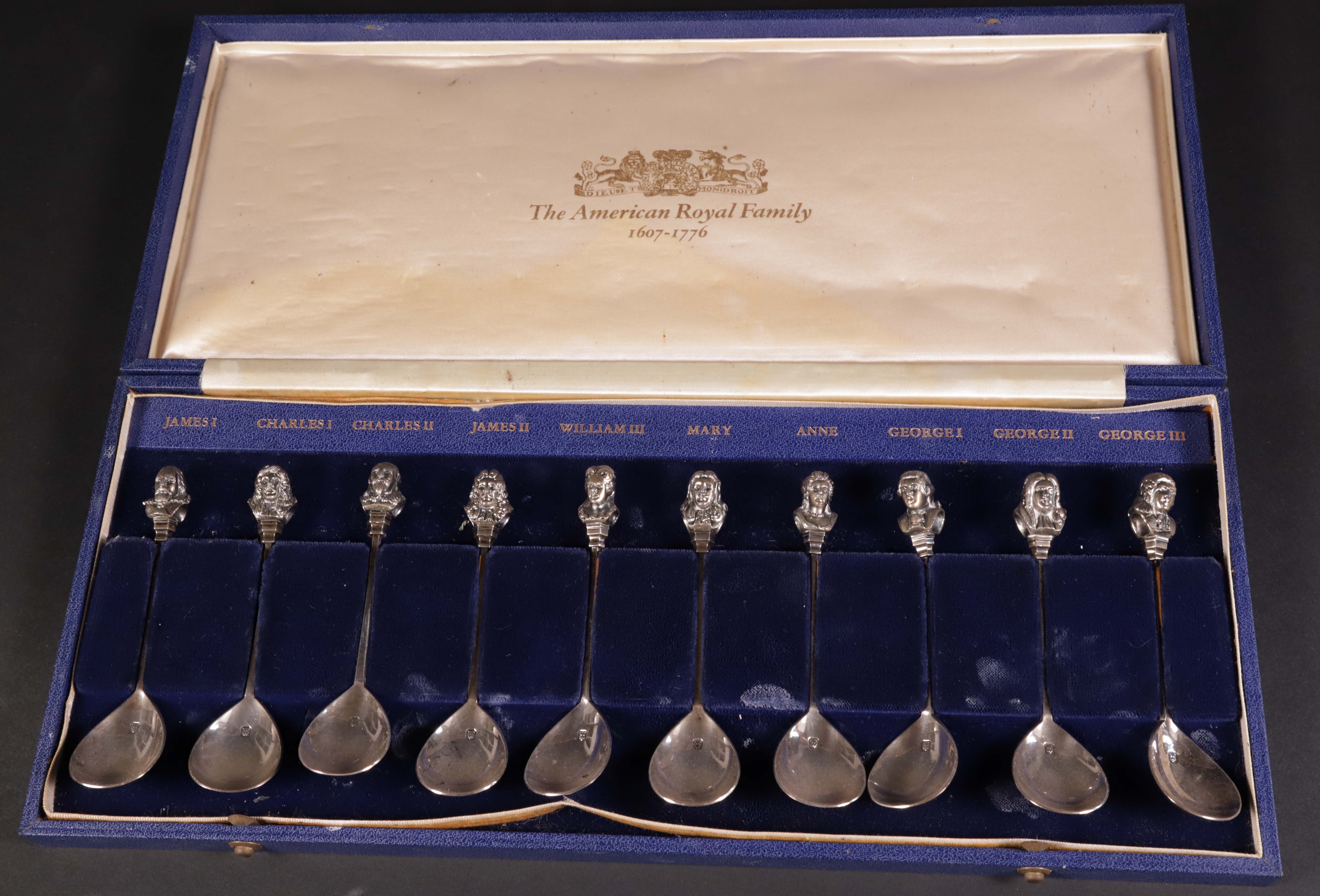 Boxed Set of Ten American Royal Family Figural Silver Spoons