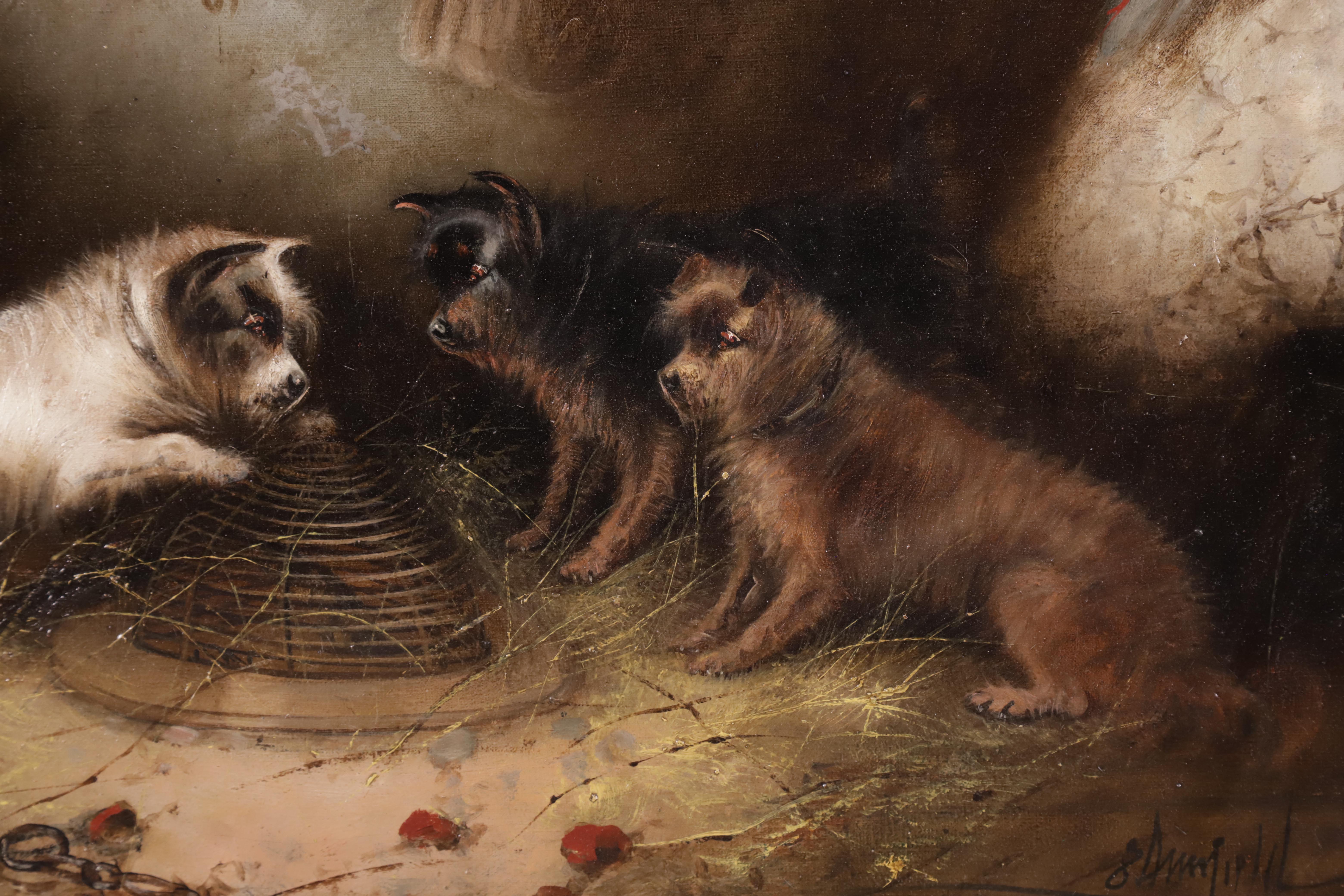 Edward George Armfield Oil on Canvas “Three Terriers By a Trap”